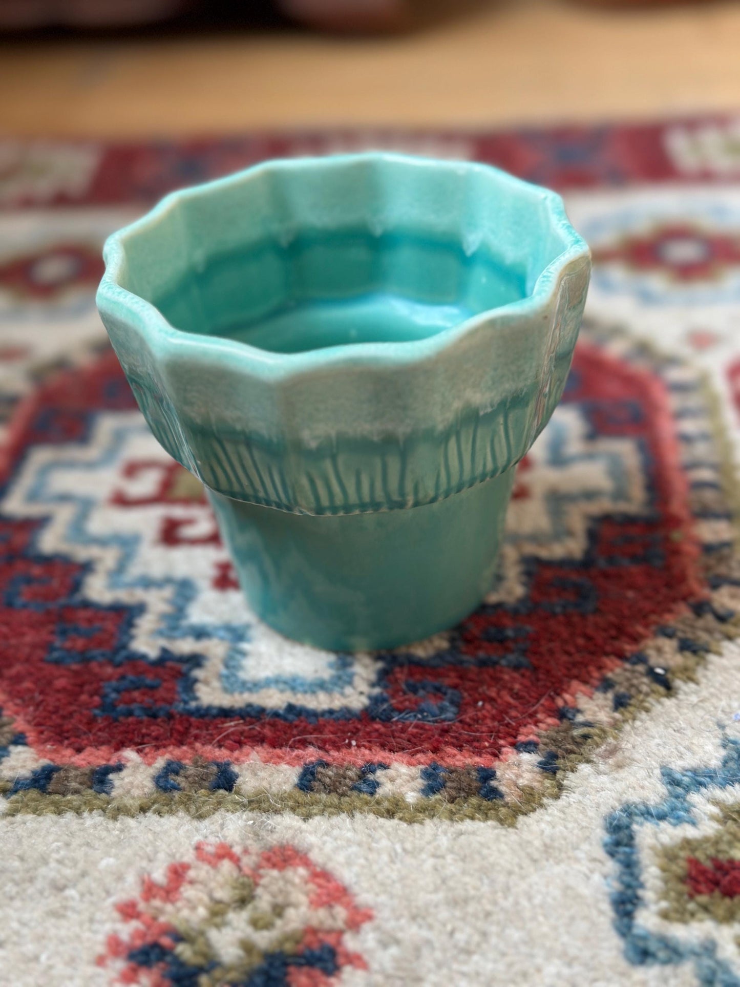 Vintage Set of 2 Turquoise & White Drip Glaze Planters | USA Pottery #41 | Scalloped Edge Cachepots | MCM Ceramic Planters | 4” x 4.25”