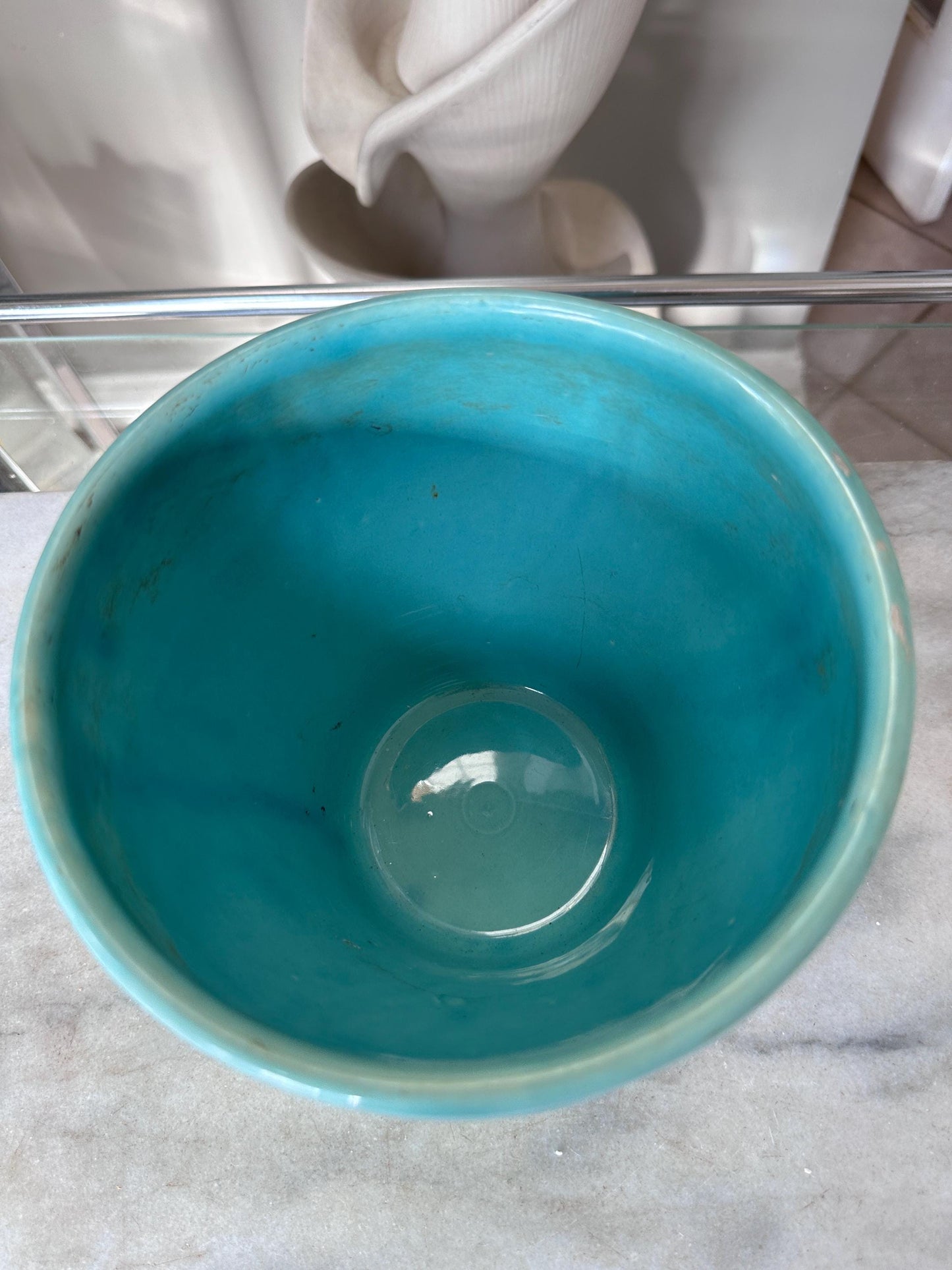 Vintage Turquoise Drip Glaze USA Pottery Planter Vase | Embossed Scroll Design | Mid-Century Art Pottery | Aqua Ceramic Cachepot | 6” Tall