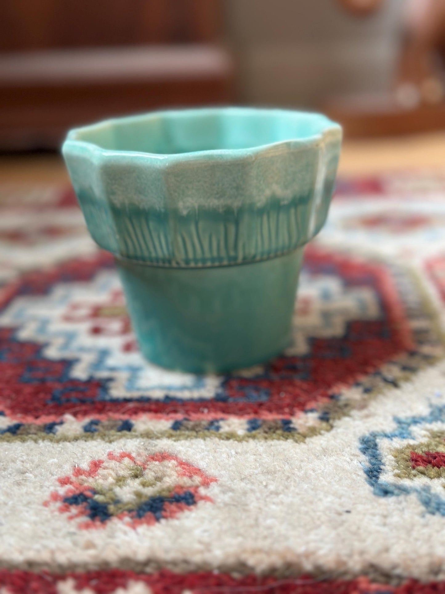 Vintage Set of 2 Turquoise & White Drip Glaze Planters | USA Pottery #41 | Scalloped Edge Cachepots | MCM Ceramic Planters | 4” x 4.25”
