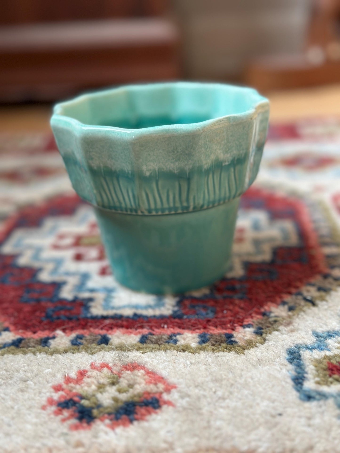 Vintage Set of 2 Turquoise & White Drip Glaze Planters | USA Pottery #41 | Scalloped Edge Cachepots | MCM Ceramic Planters | 4” x 4.25”