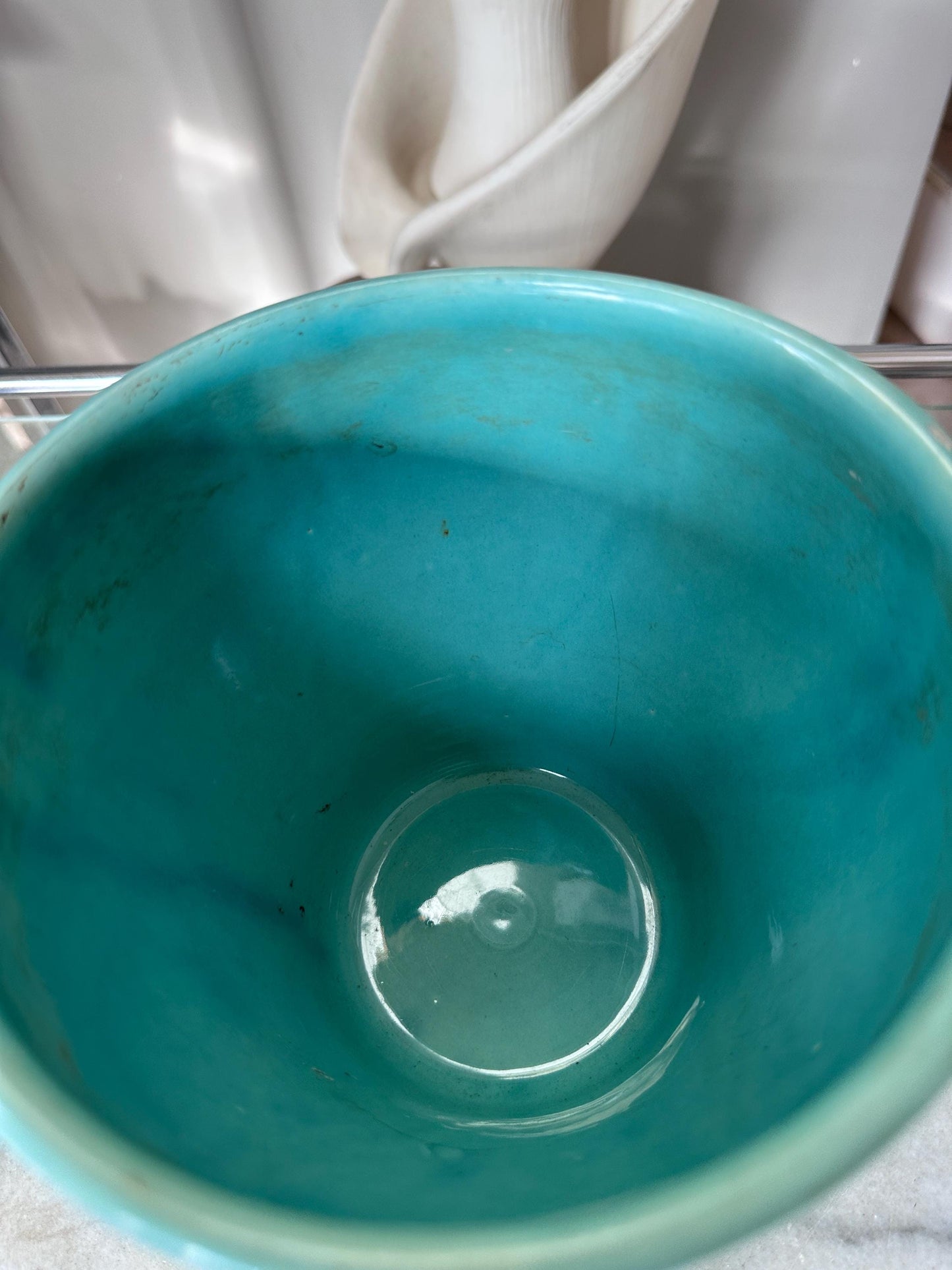 Vintage Turquoise Drip Glaze USA Pottery Planter Vase | Embossed Scroll Design | Mid-Century Art Pottery | Aqua Ceramic Cachepot | 6” Tall