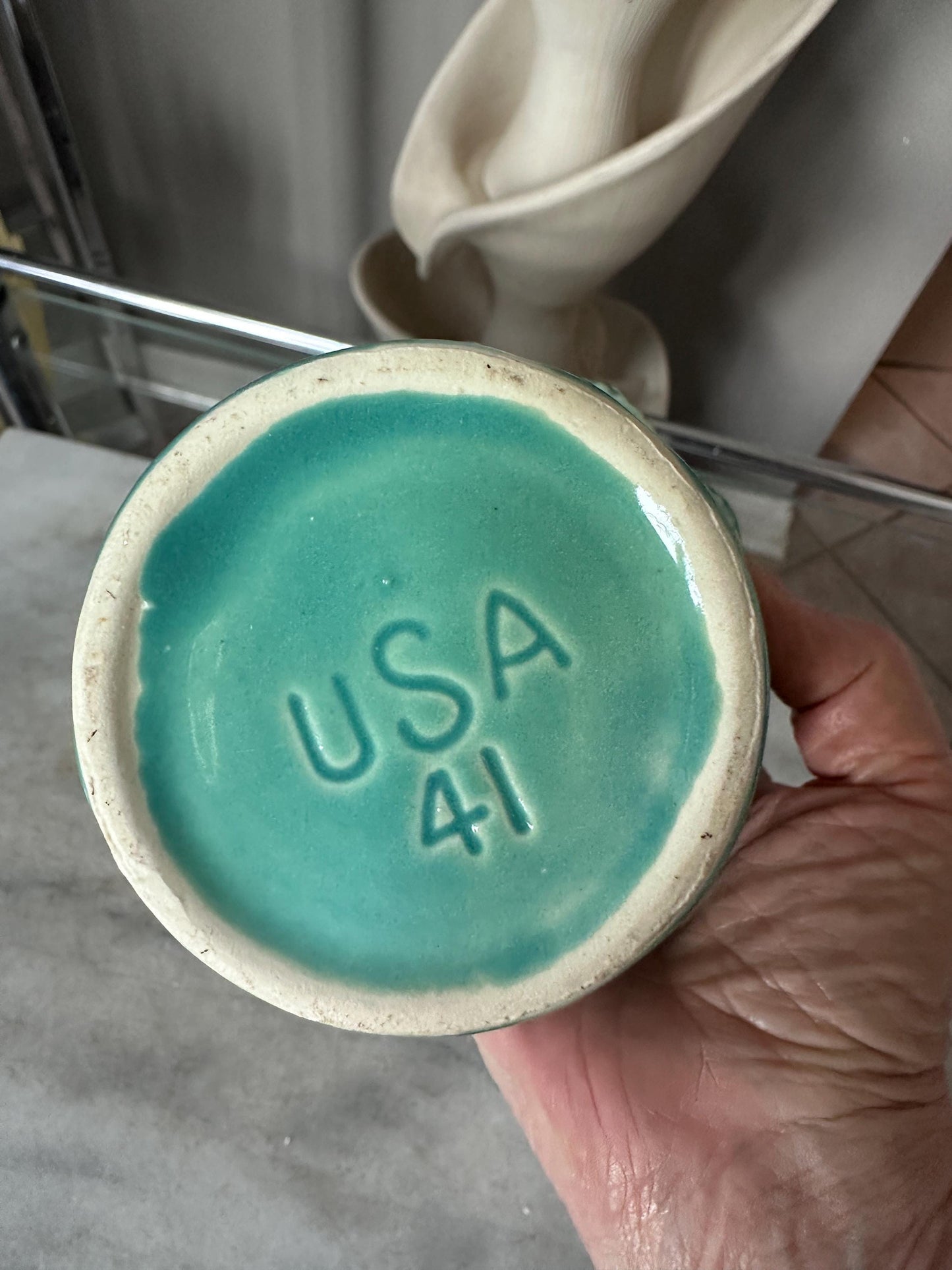 Vintage Set of 2 Turquoise & White Drip Glaze Planters | USA Pottery #41 | Scalloped Edge Cachepots | MCM Ceramic Planters | 4” x 4.25”