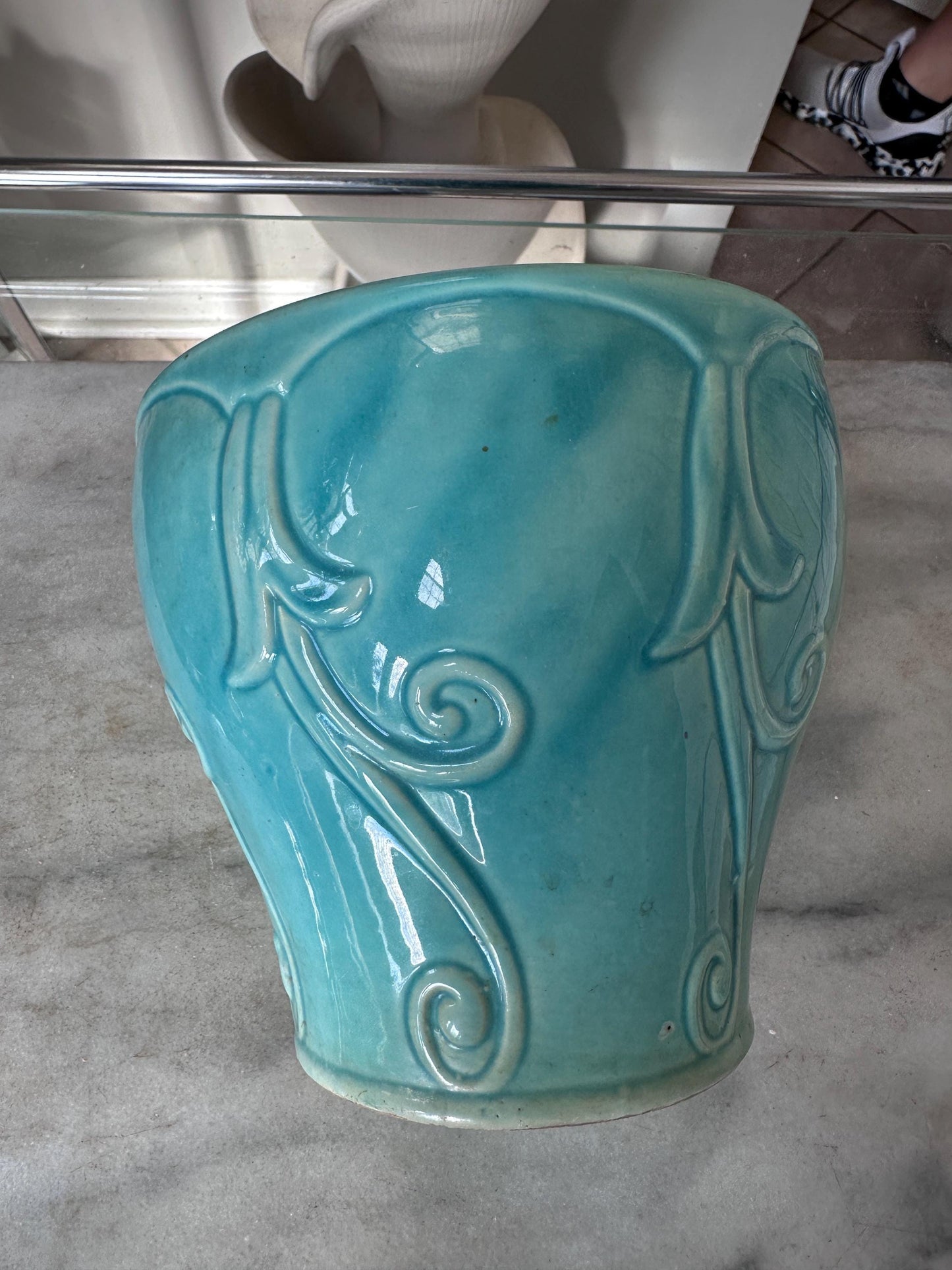 Vintage Turquoise Drip Glaze USA Pottery Planter Vase | Embossed Scroll Design | Mid-Century Art Pottery | Aqua Ceramic Cachepot | 6” Tall
