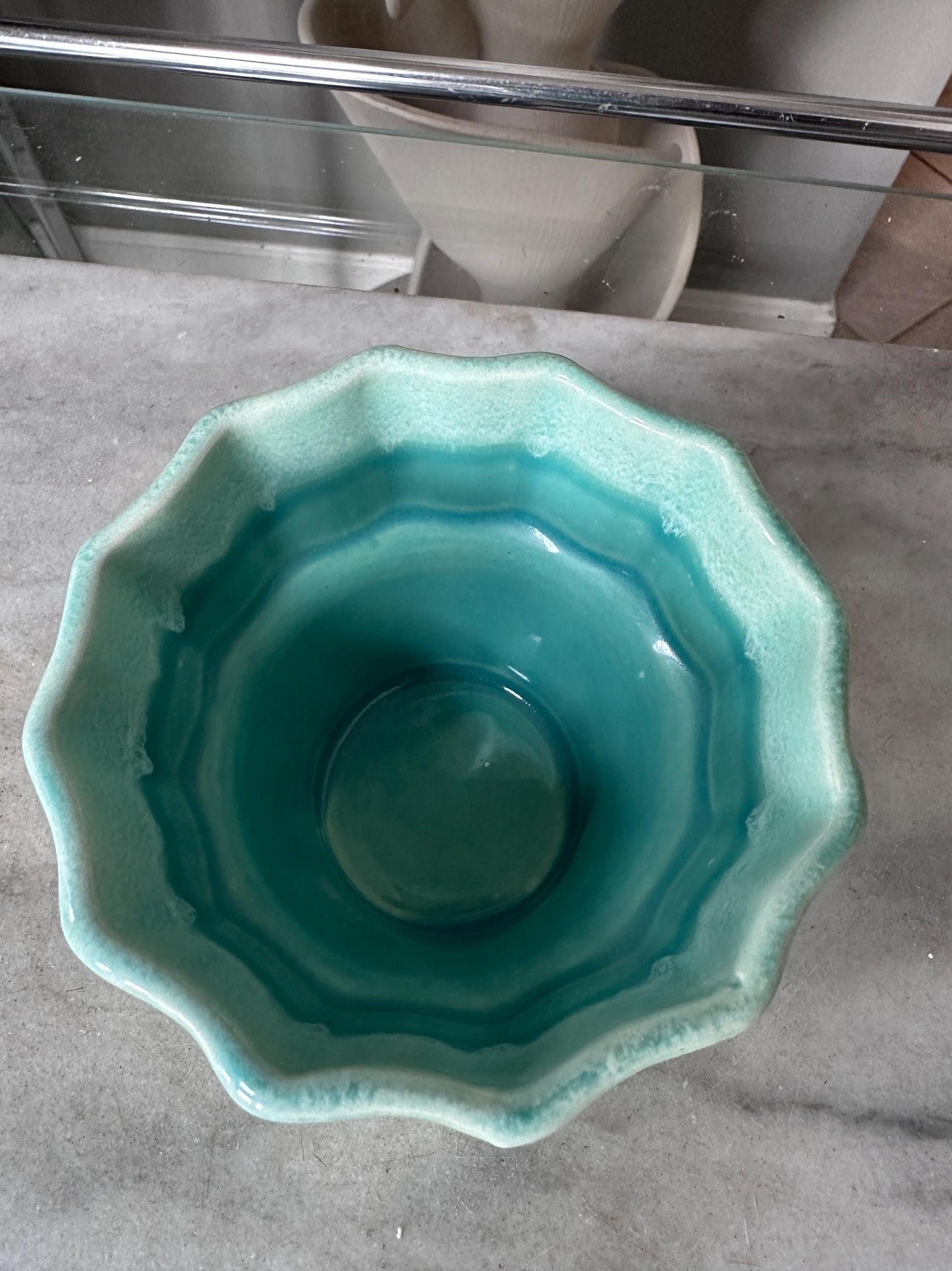 Vintage Set of 2 Turquoise & White Drip Glaze Planters | USA Pottery #41 | Scalloped Edge Cachepots | MCM Ceramic Planters | 4” x 4.25”
