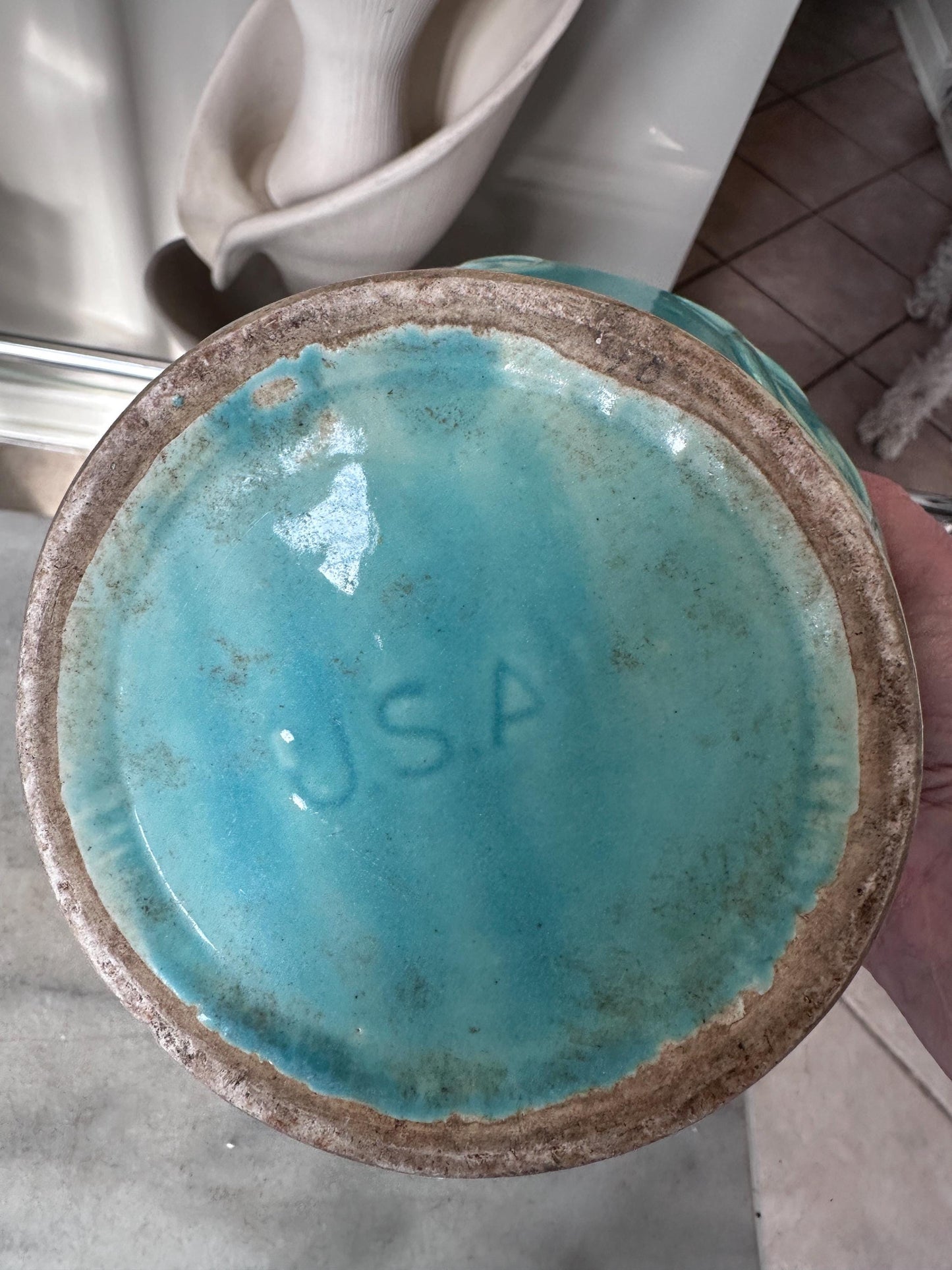 Vintage Turquoise Drip Glaze USA Pottery Planter Vase | Embossed Scroll Design | Mid-Century Art Pottery | Aqua Ceramic Cachepot | 6” Tall