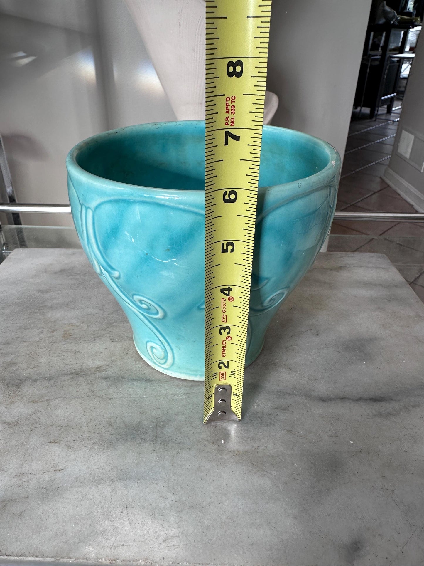 Vintage Turquoise Drip Glaze USA Pottery Planter Vase | Embossed Scroll Design | Mid-Century Art Pottery | Aqua Ceramic Cachepot | 6” Tall