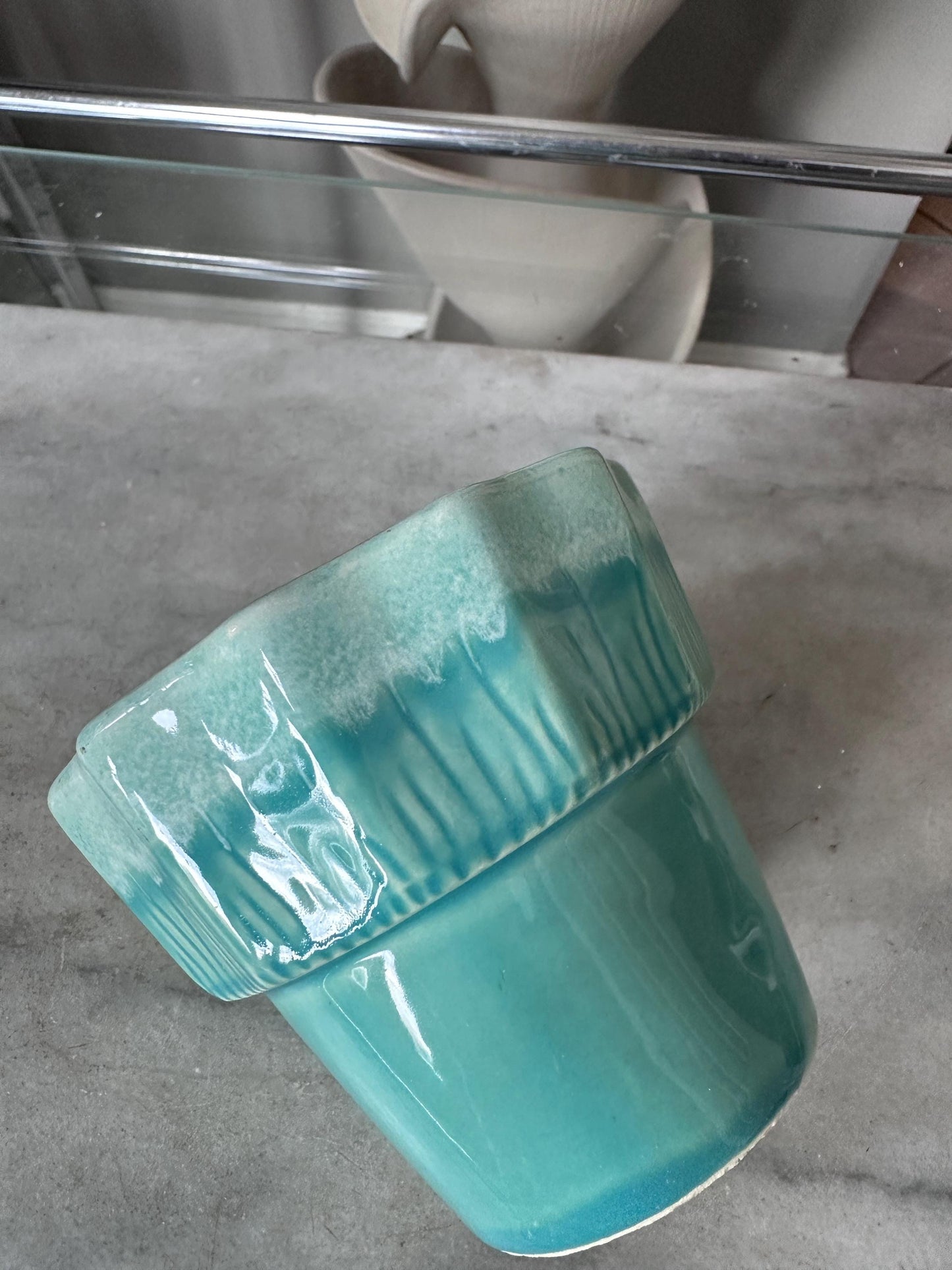 Vintage Set of 2 Turquoise & White Drip Glaze Planters | USA Pottery #41 | Scalloped Edge Cachepots | MCM Ceramic Planters | 4” x 4.25”