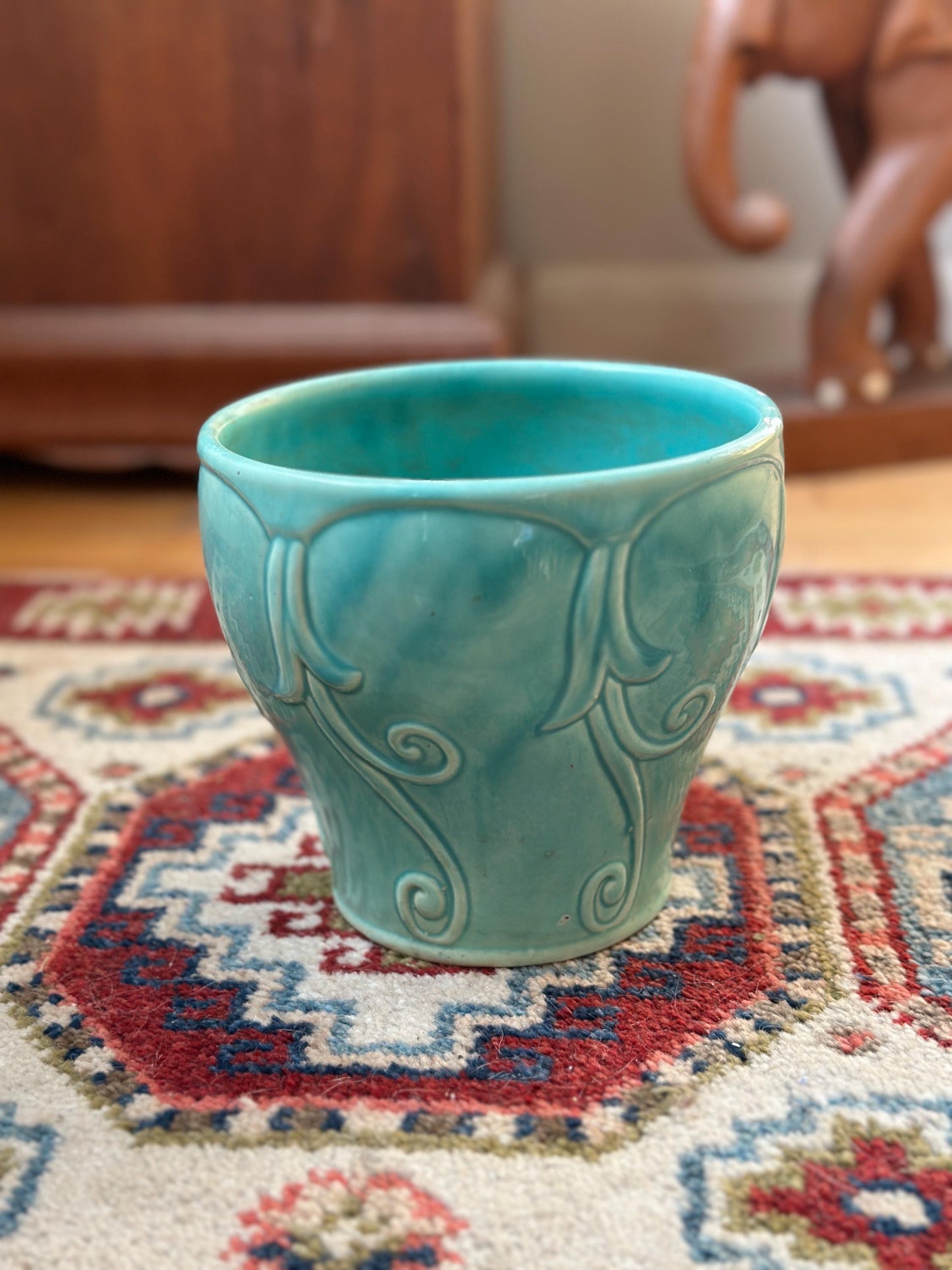 Vintage Turquoise Drip Glaze USA Pottery Planter Vase | Embossed Scroll Design | Mid-Century Art Pottery | Aqua Ceramic Cachepot | 6” Tall