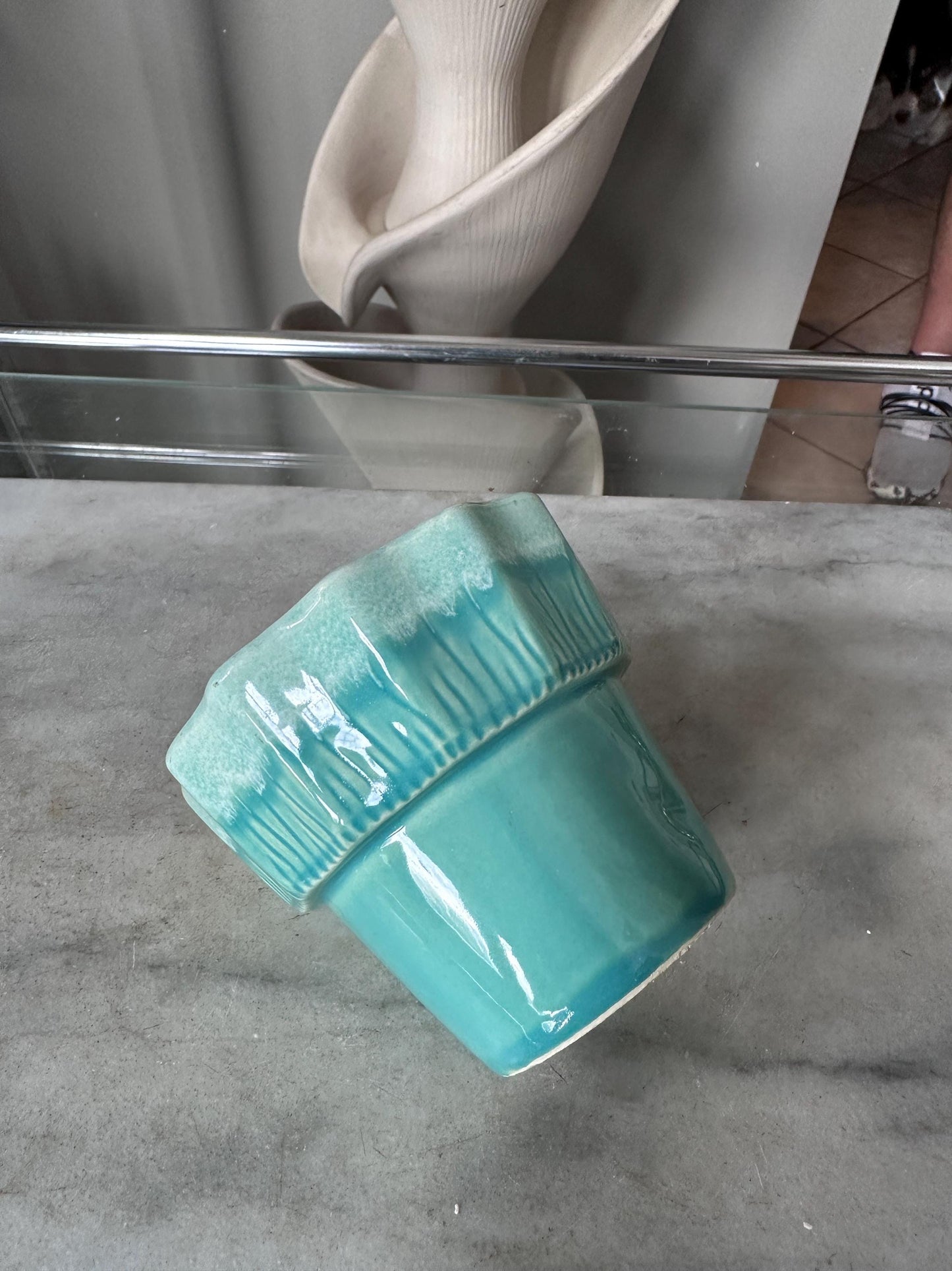 Vintage Set of 2 Turquoise & White Drip Glaze Planters | USA Pottery #41 | Scalloped Edge Cachepots | MCM Ceramic Planters | 4” x 4.25”