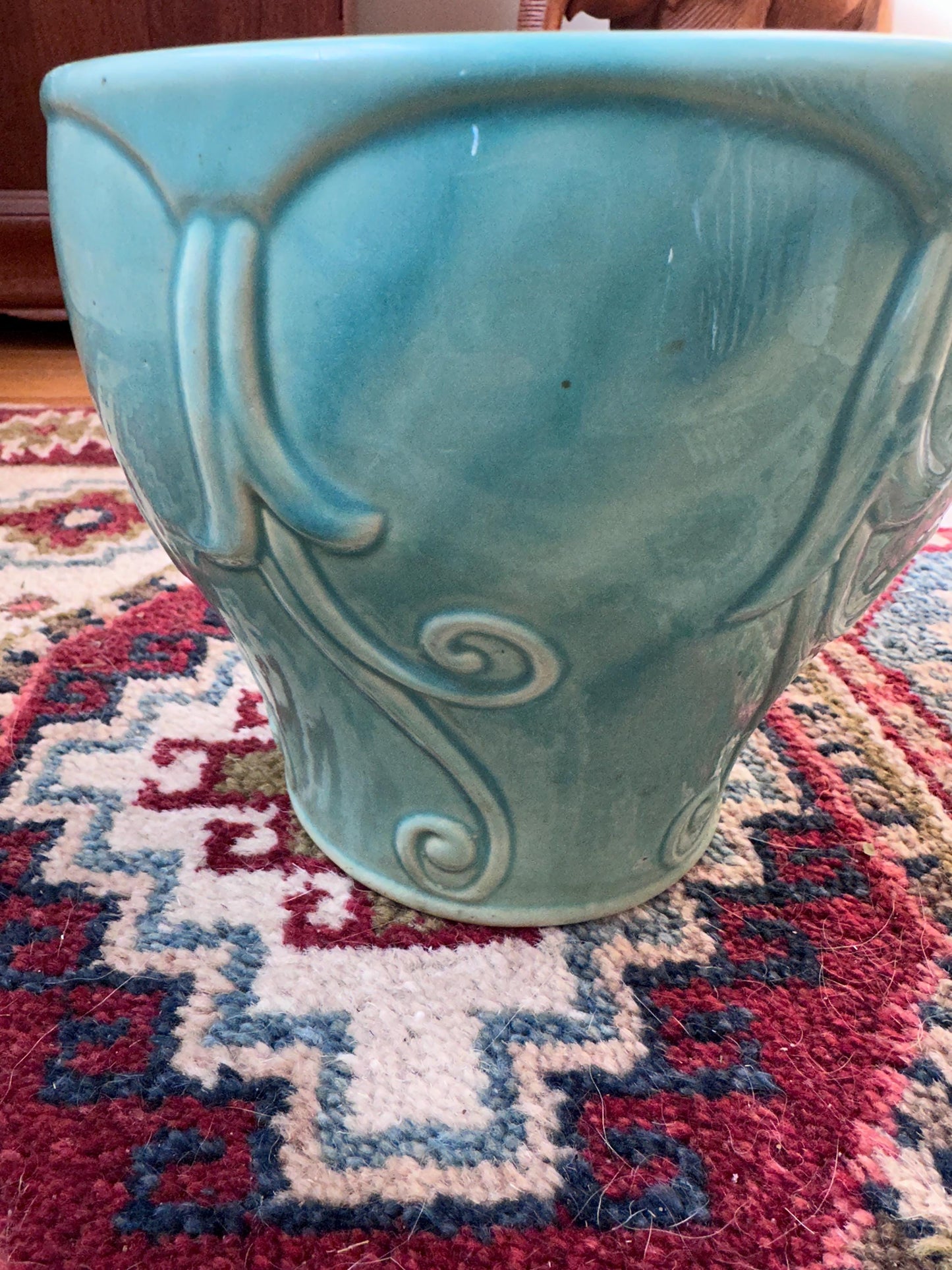 Vintage Turquoise Drip Glaze USA Pottery Planter Vase | Embossed Scroll Design | Mid-Century Art Pottery | Aqua Ceramic Cachepot | 6” Tall