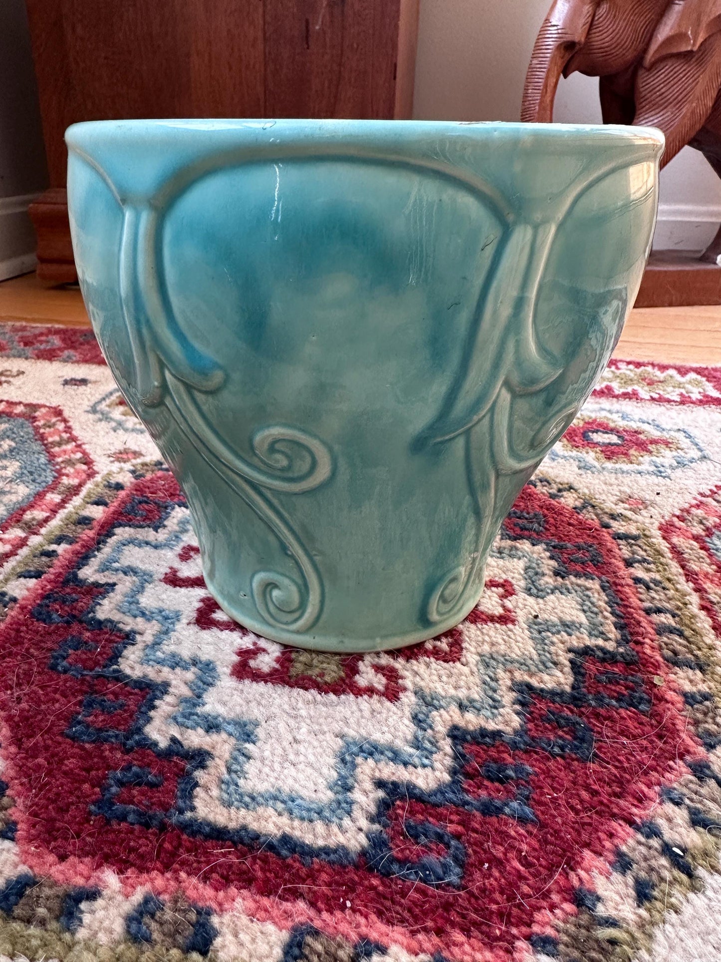Vintage Turquoise Drip Glaze USA Pottery Planter Vase | Embossed Scroll Design | Mid-Century Art Pottery | Aqua Ceramic Cachepot | 6” Tall