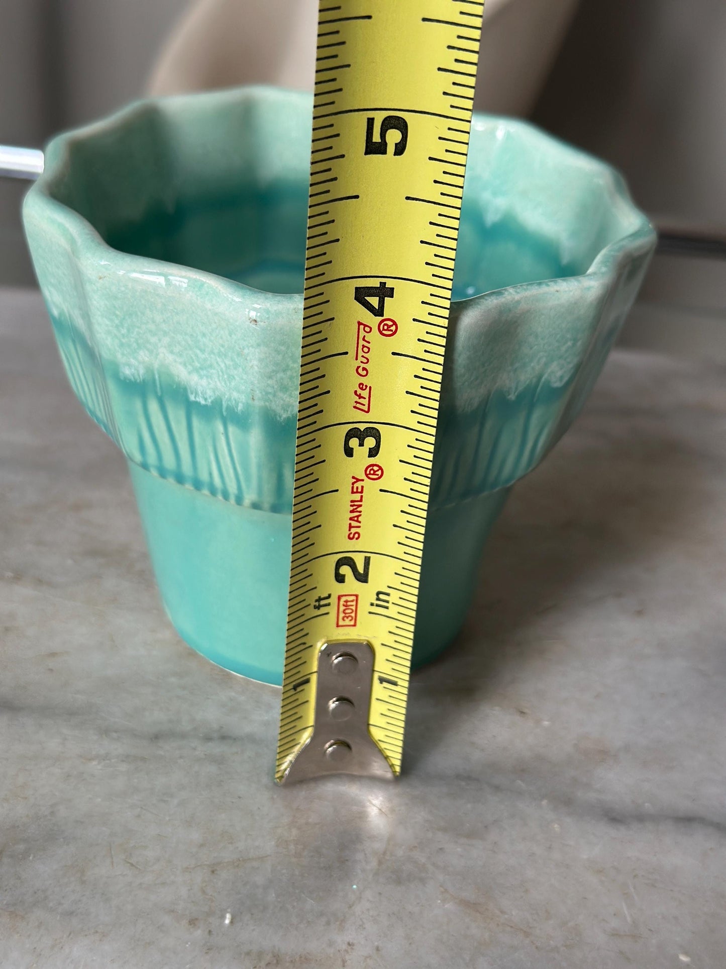 Vintage Set of 2 Turquoise & White Drip Glaze Planters | USA Pottery #41 | Scalloped Edge Cachepots | MCM Ceramic Planters | 4” x 4.25”