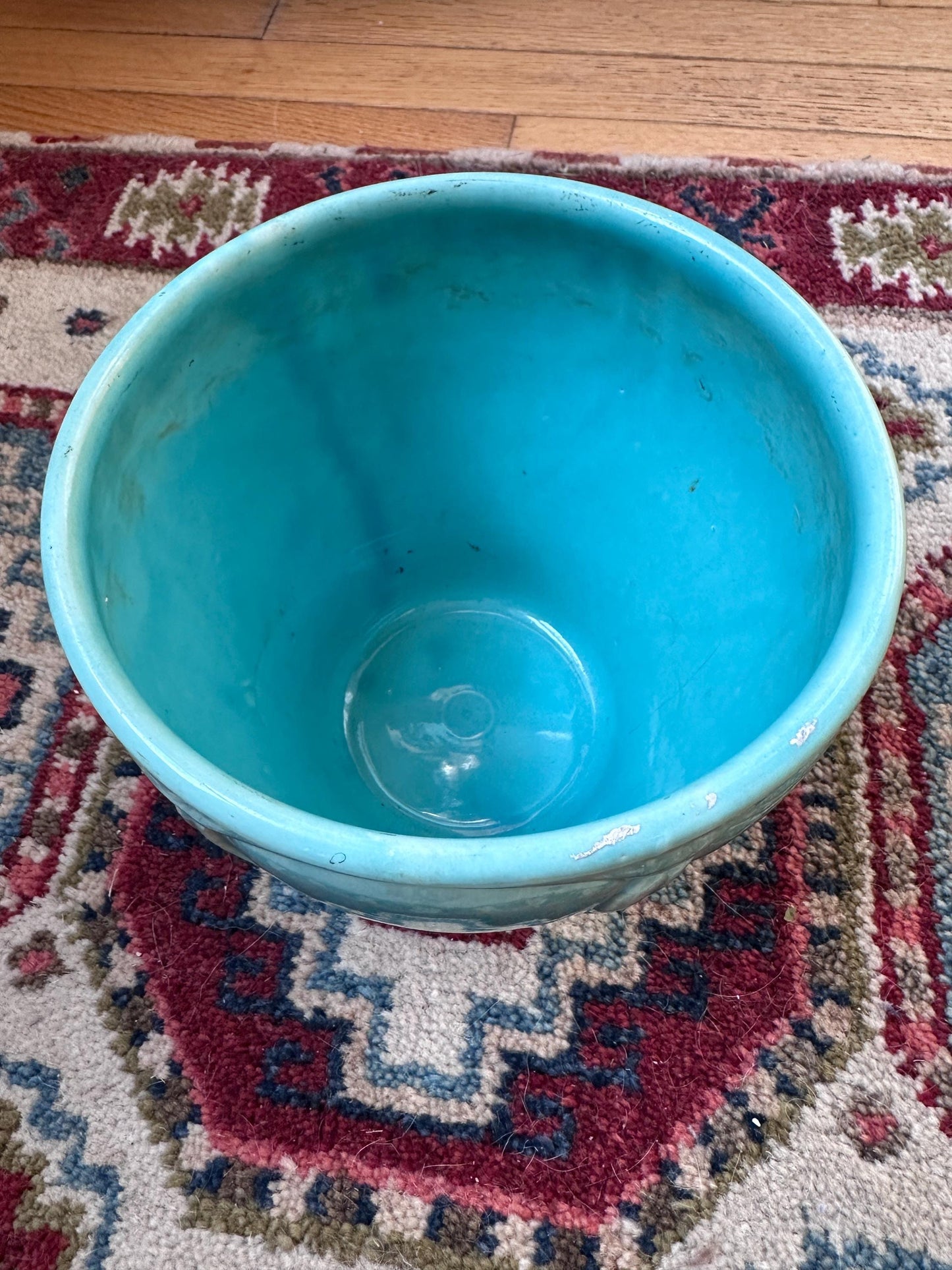 Vintage Turquoise Drip Glaze USA Pottery Planter Vase | Embossed Scroll Design | Mid-Century Art Pottery | Aqua Ceramic Cachepot | 6” Tall