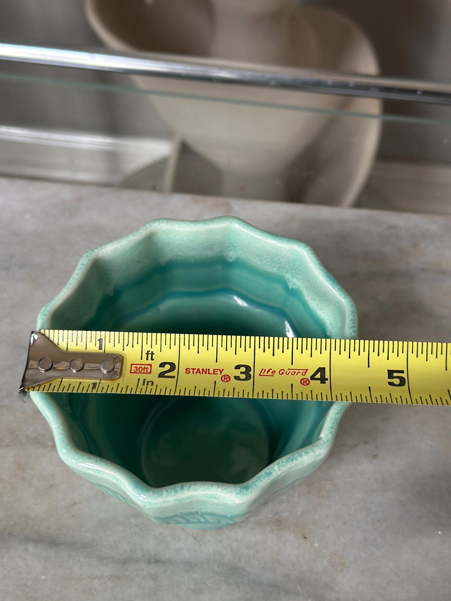 Vintage Set of 2 Turquoise & White Drip Glaze Planters | USA Pottery #41 | Scalloped Edge Cachepots | MCM Ceramic Planters | 4” x 4.25”