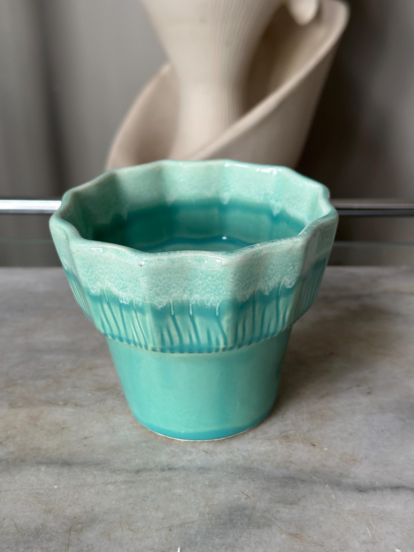 Vintage Set of 2 Turquoise & White Drip Glaze Planters | USA Pottery #41 | Scalloped Edge Cachepots | MCM Ceramic Planters | 4” x 4.25”