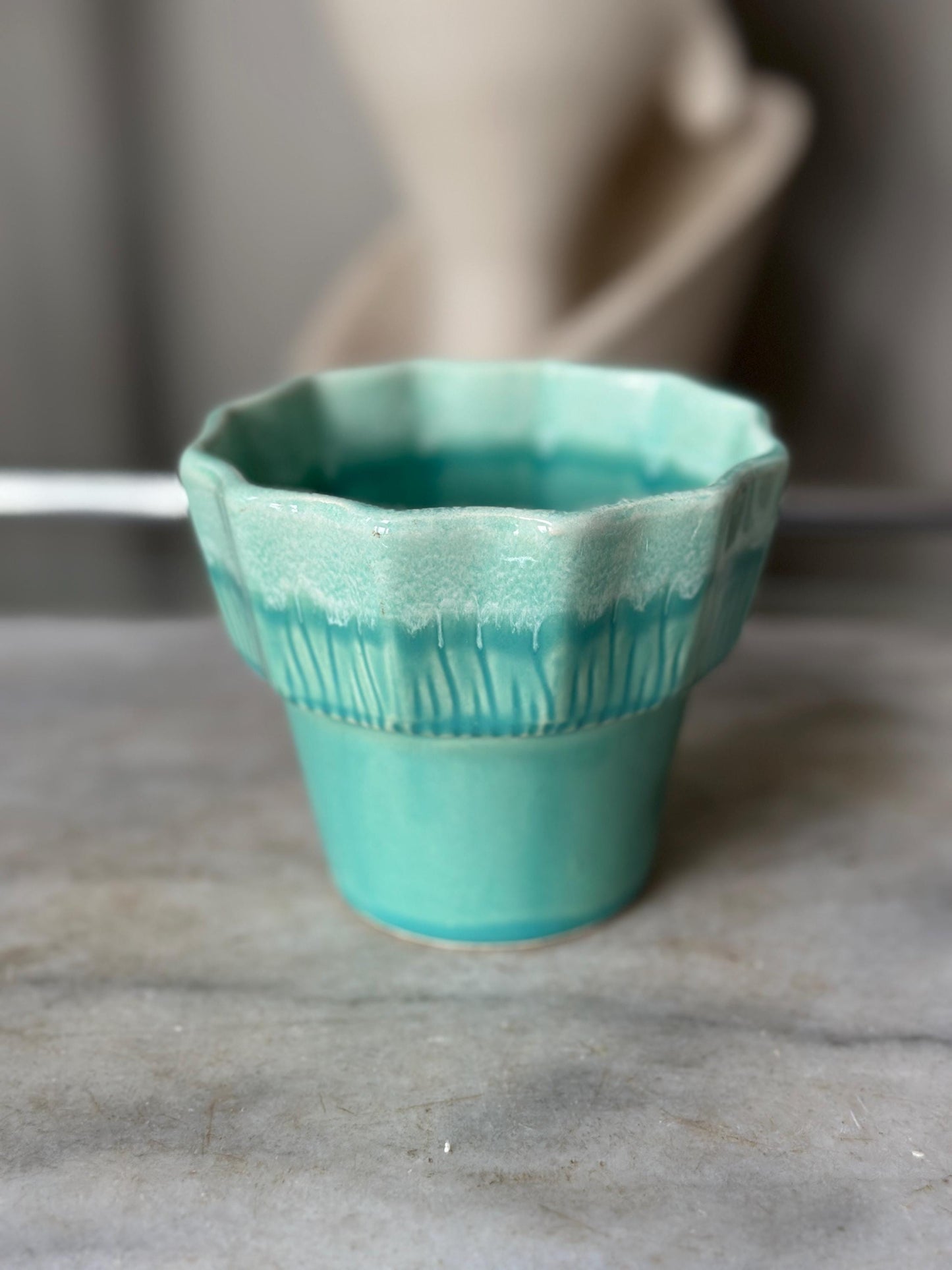 Vintage Set of 2 Turquoise & White Drip Glaze Planters | USA Pottery #41 | Scalloped Edge Cachepots | MCM Ceramic Planters | 4” x 4.25”