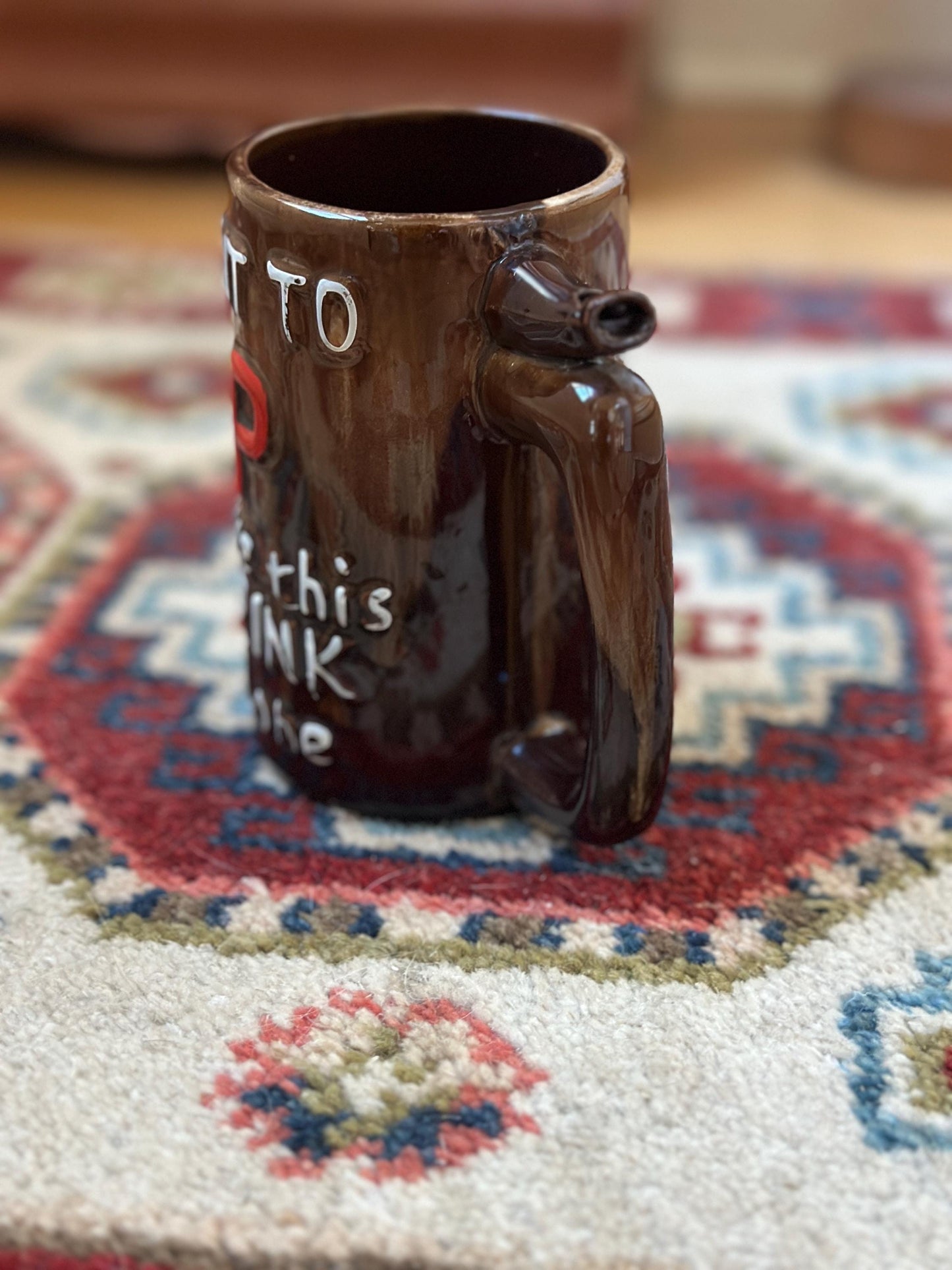 Vintage Stoneware Whistle Mug, "Went to P Leave this Drink Alone"