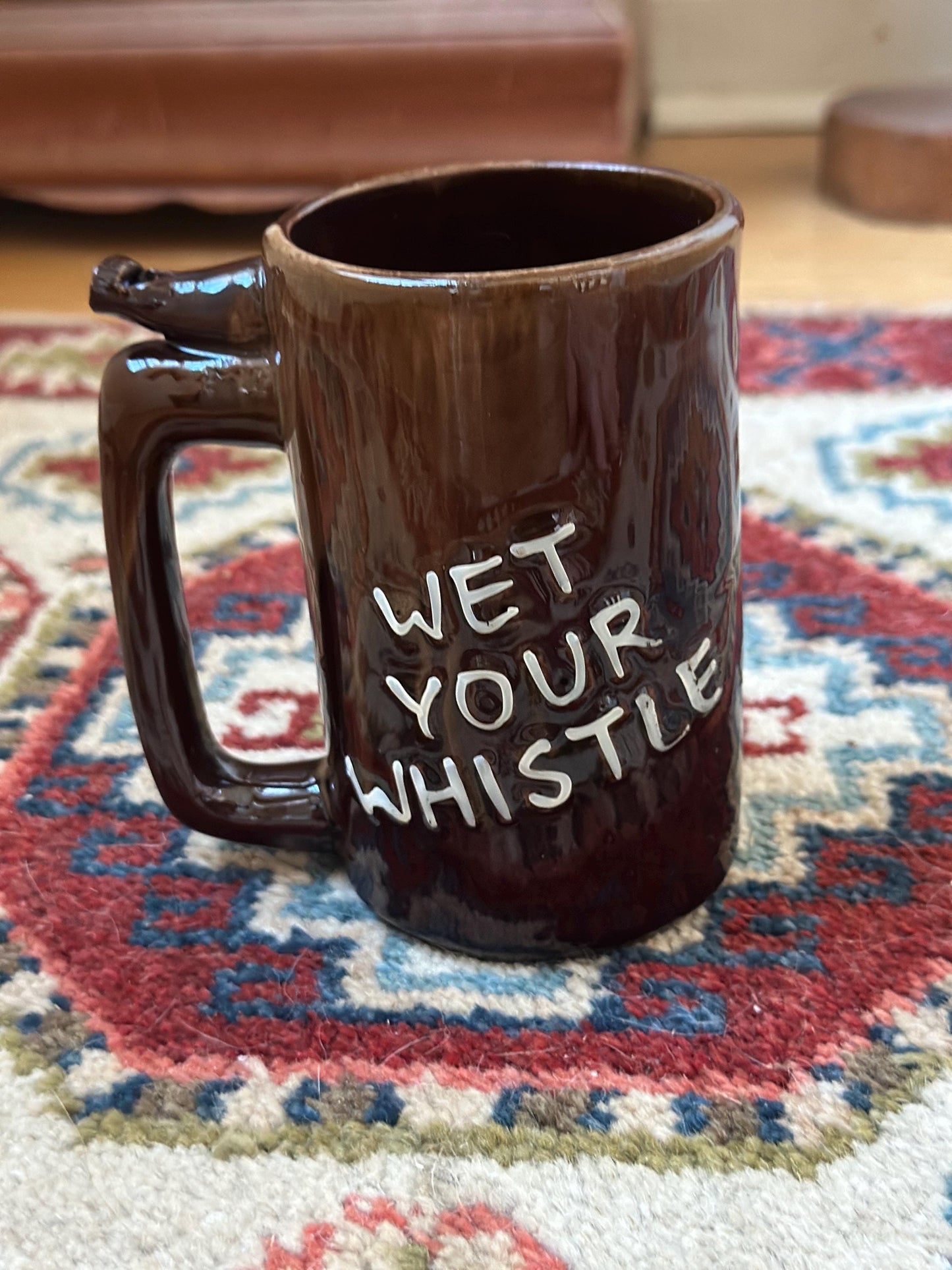 Vintage Stoneware Whistle Mug, "Went to P Leave this Drink Alone"