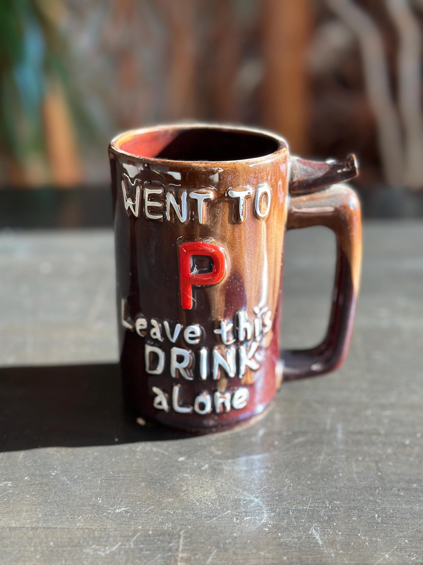 Vintage Stoneware Whistle Mug, "Went to P Leave this Drink Alone"