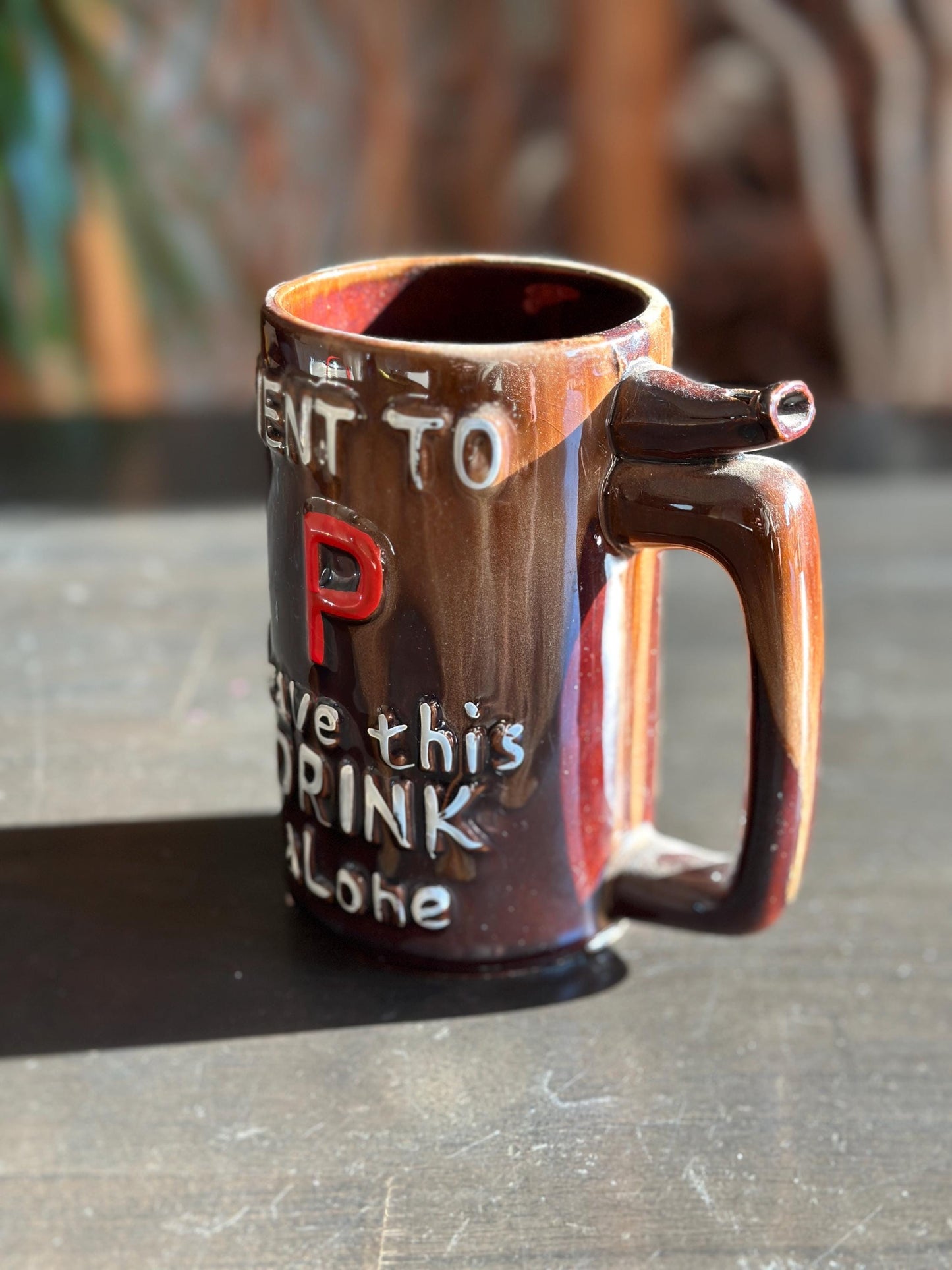Vintage Stoneware Whistle Mug, "Went to P Leave this Drink Alone"