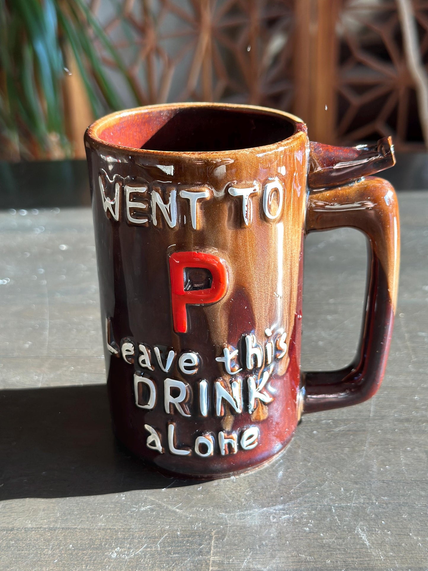 Vintage Stoneware Whistle Mug, "Went to P Leave this Drink Alone"