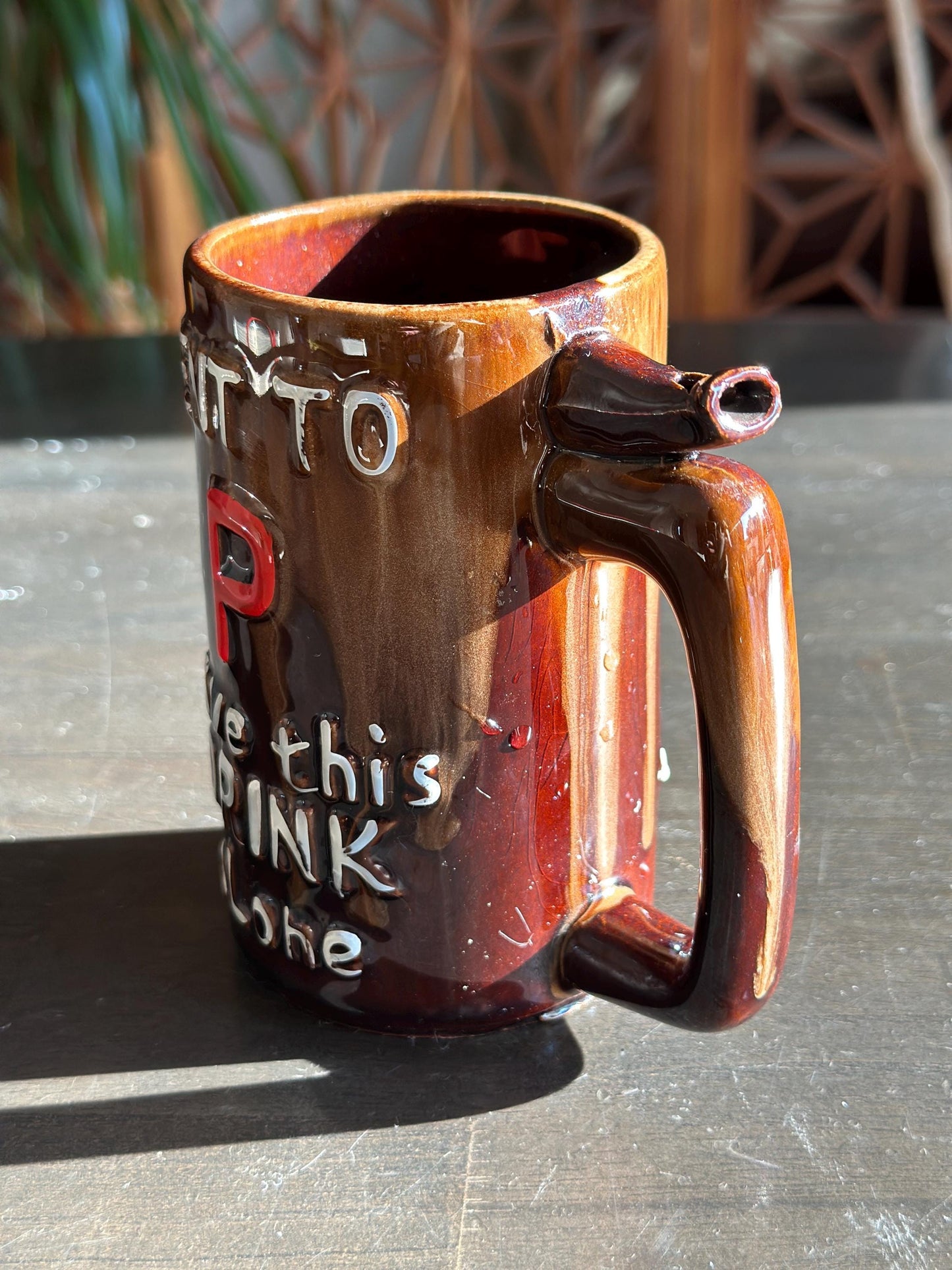 Vintage Stoneware Whistle Mug, "Went to P Leave this Drink Alone"