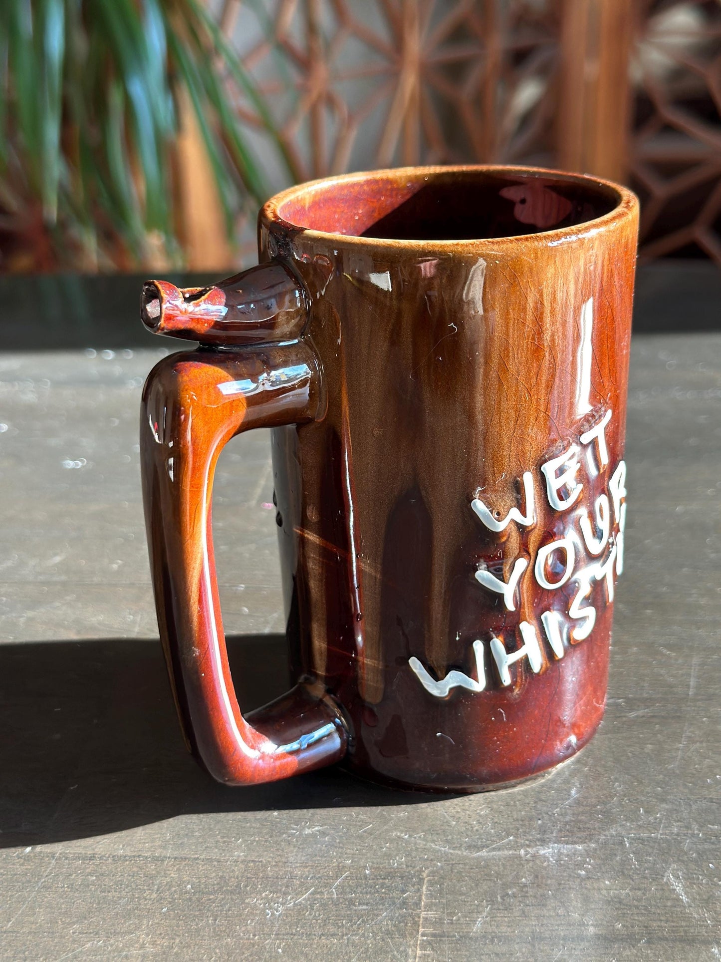 Vintage Stoneware Whistle Mug, "Went to P Leave this Drink Alone"