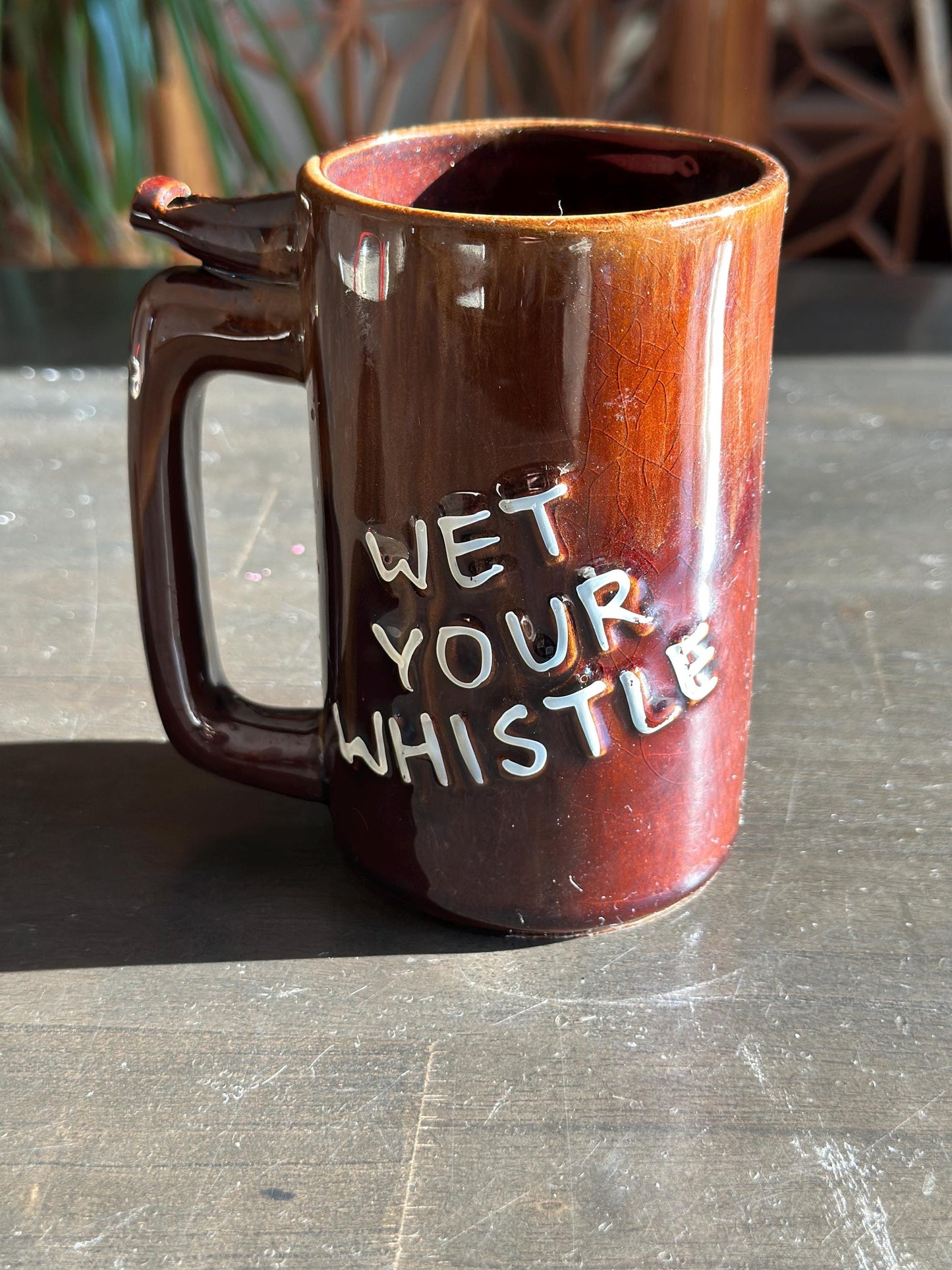Vintage Stoneware Whistle Mug, "Went to P Leave this Drink Alone"