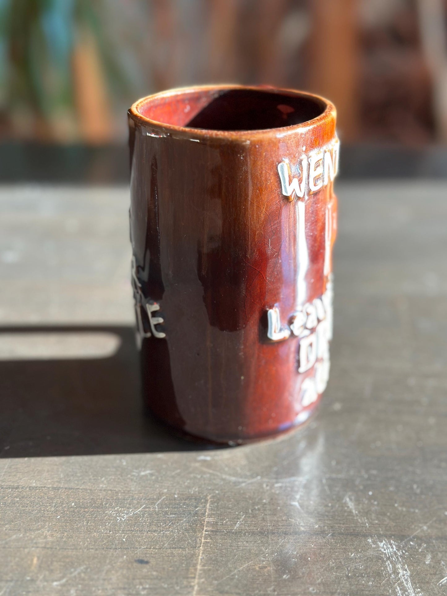 Vintage Stoneware Whistle Mug, "Went to P Leave this Drink Alone"