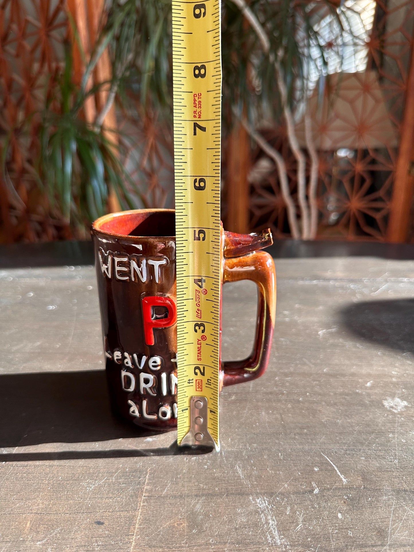 Vintage Stoneware Whistle Mug, "Went to P Leave this Drink Alone"