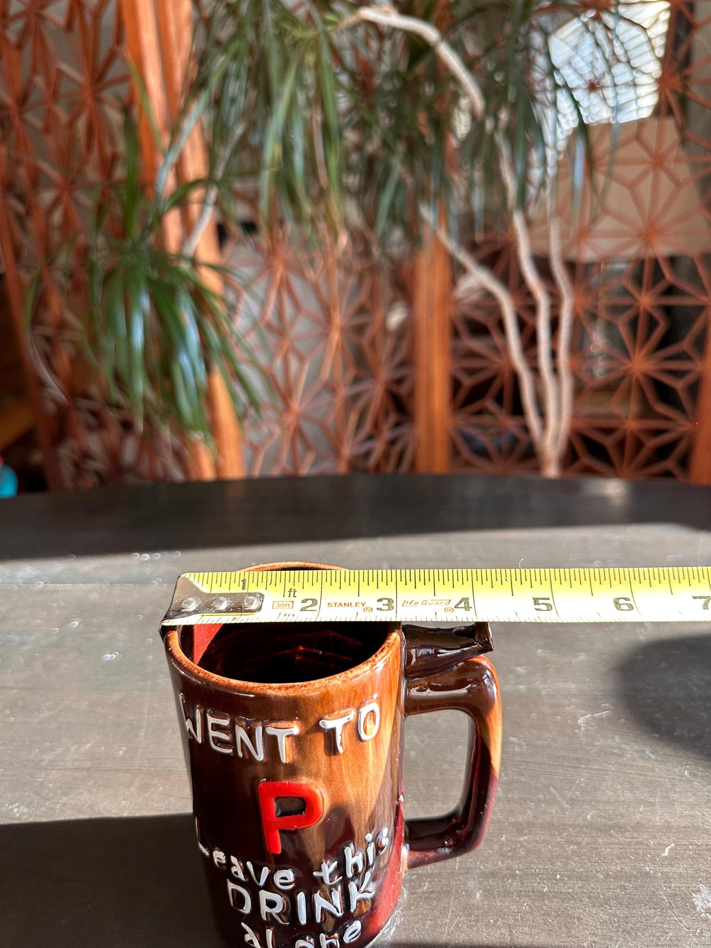 Vintage Stoneware Whistle Mug, "Went to P Leave this Drink Alone"