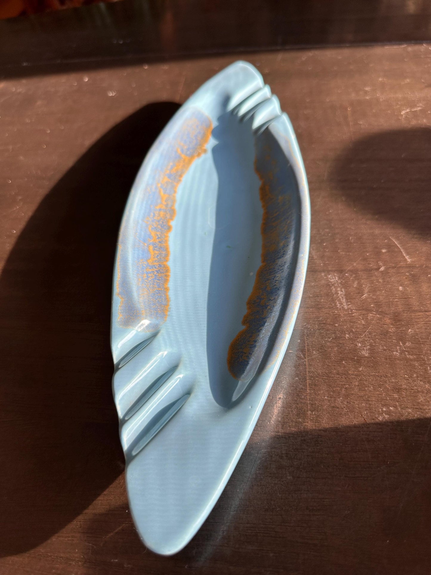 Vintage Ashtray USA Pottery #3450 X Orange with Green Drip Glaze