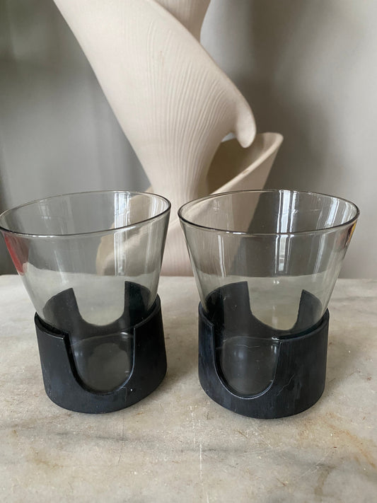 Vintage Corning Snap-Glas Tumblers, Smoky Gray Pyrex with Black Holders, Set of 2