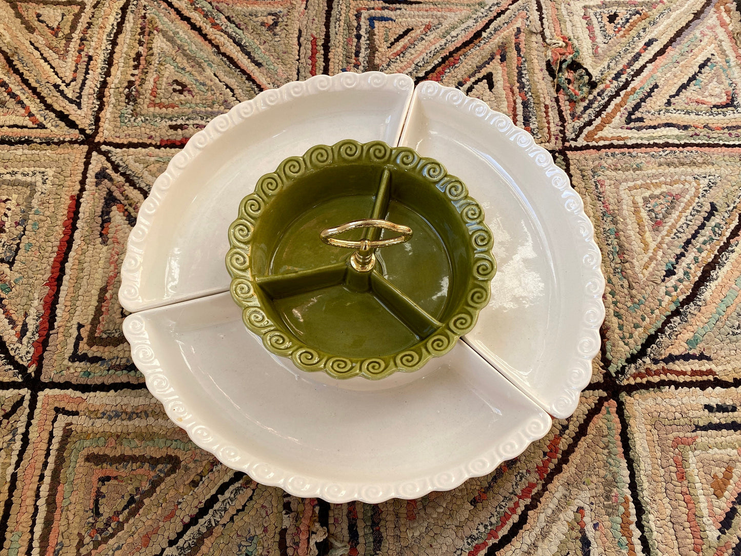 Mid Century California Pottery 267 Lazy Susan Condiment Tray | Avocado Green and White MCM Tray