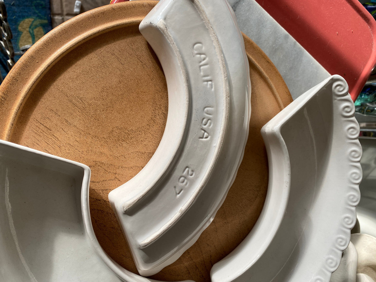 Mid Century California Pottery 267 Lazy Susan Condiment Tray | Avocado Green and White MCM Tray