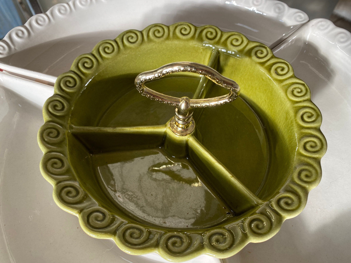 Mid Century California Pottery 267 Lazy Susan Condiment Tray | Avocado Green and White MCM Tray