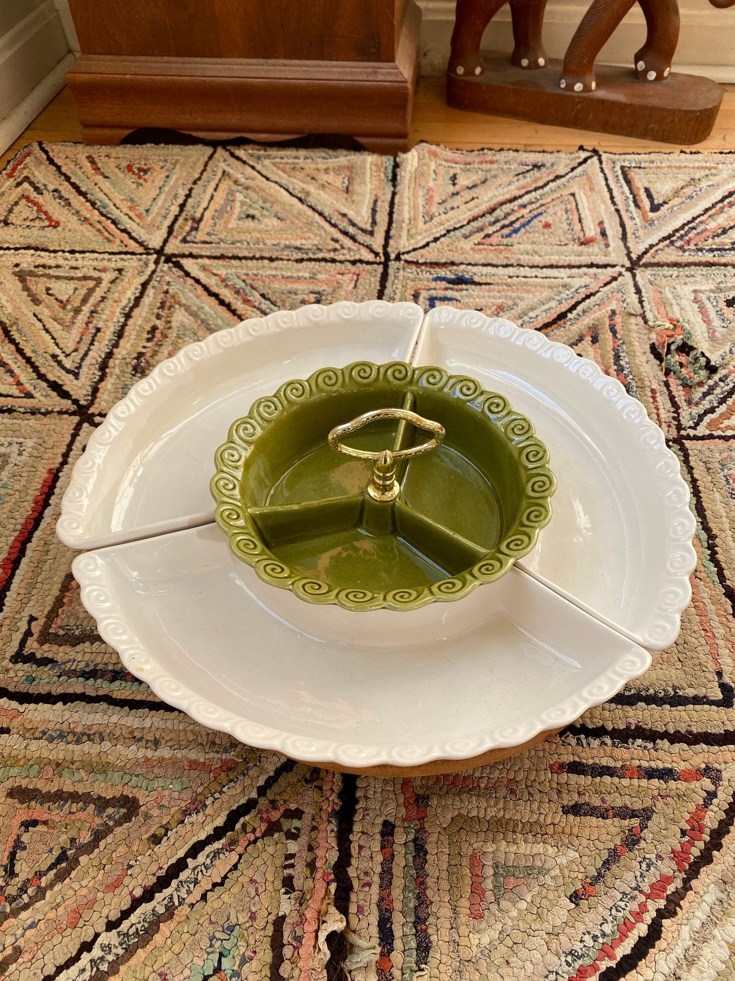 Mid Century California Pottery 267 Lazy Susan Condiment Tray | Avocado Green and White MCM Tray