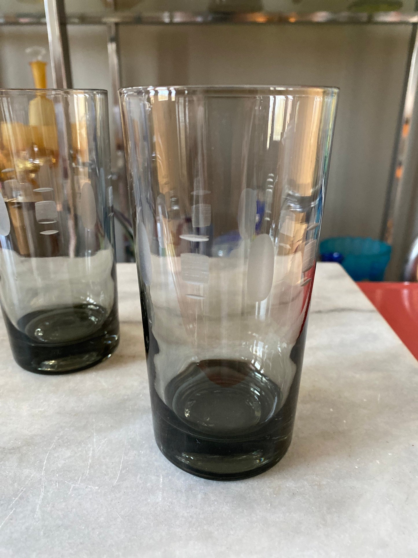 SMOKED Etched Glass Vintage Mid Century Atomic Cocktail Bar Ware Oval Square MCM