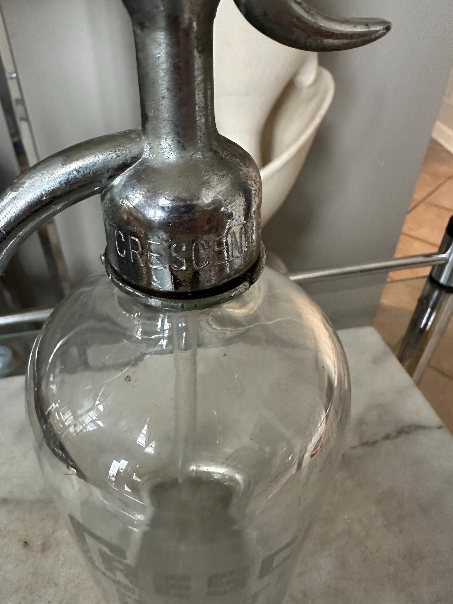 Antique Crescent Bottling Co. Seltzer Bottle: Camden NJ Etched Glass Display