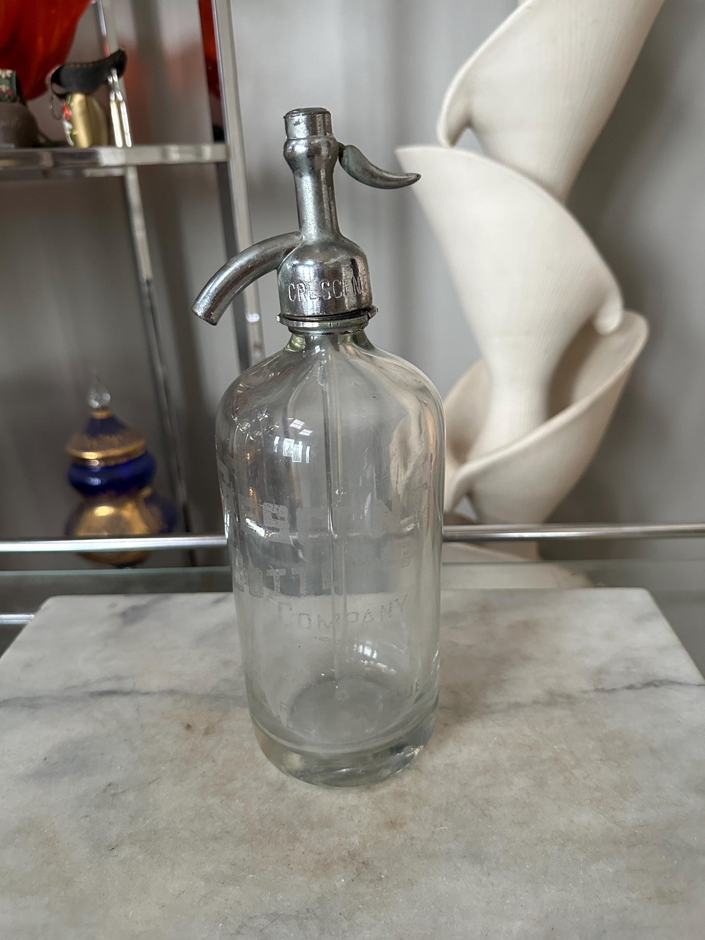 Antique Crescent Bottling Co. Seltzer Bottle: Camden NJ Etched Glass Display