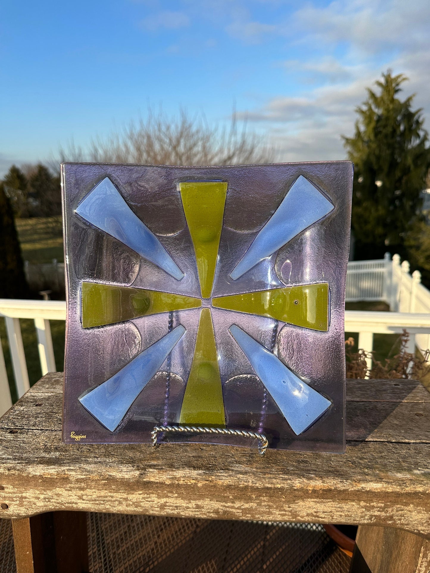 Vintage Higgins Glass Plate: Mid Century Modern Purple Green Sunburst Tray