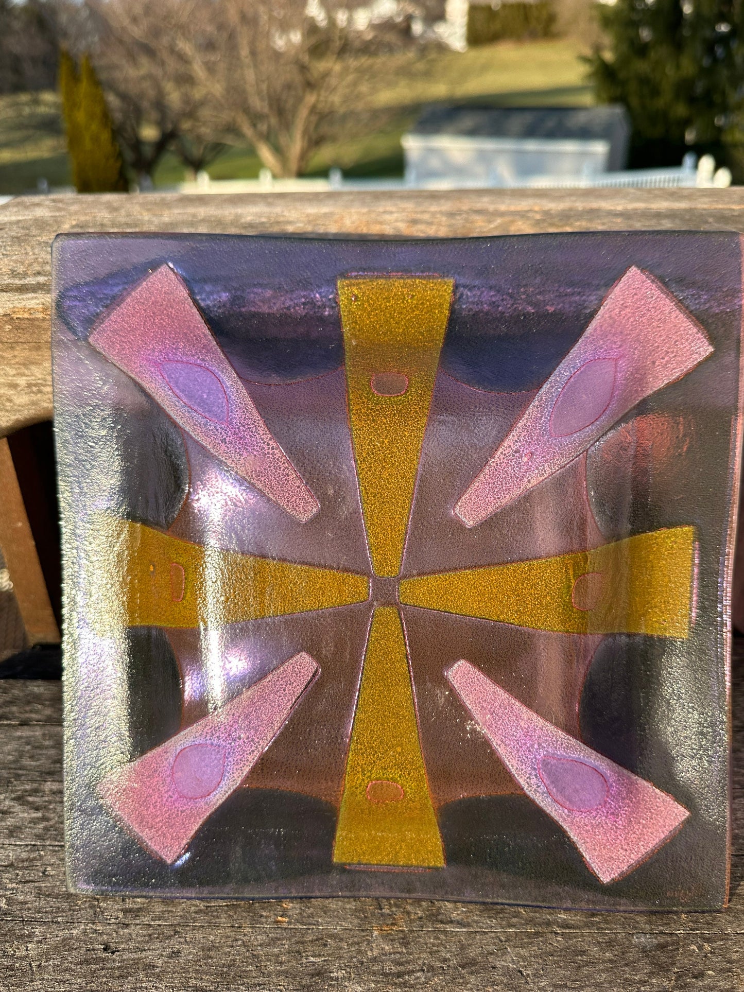 Vintage Higgins Glass Plate: Mid Century Modern Purple Green Sunburst Tray