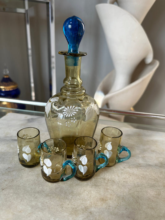 Small Antique Victorian Colored Decorated Glass Cordial Set (4 Glasses + Decanter)