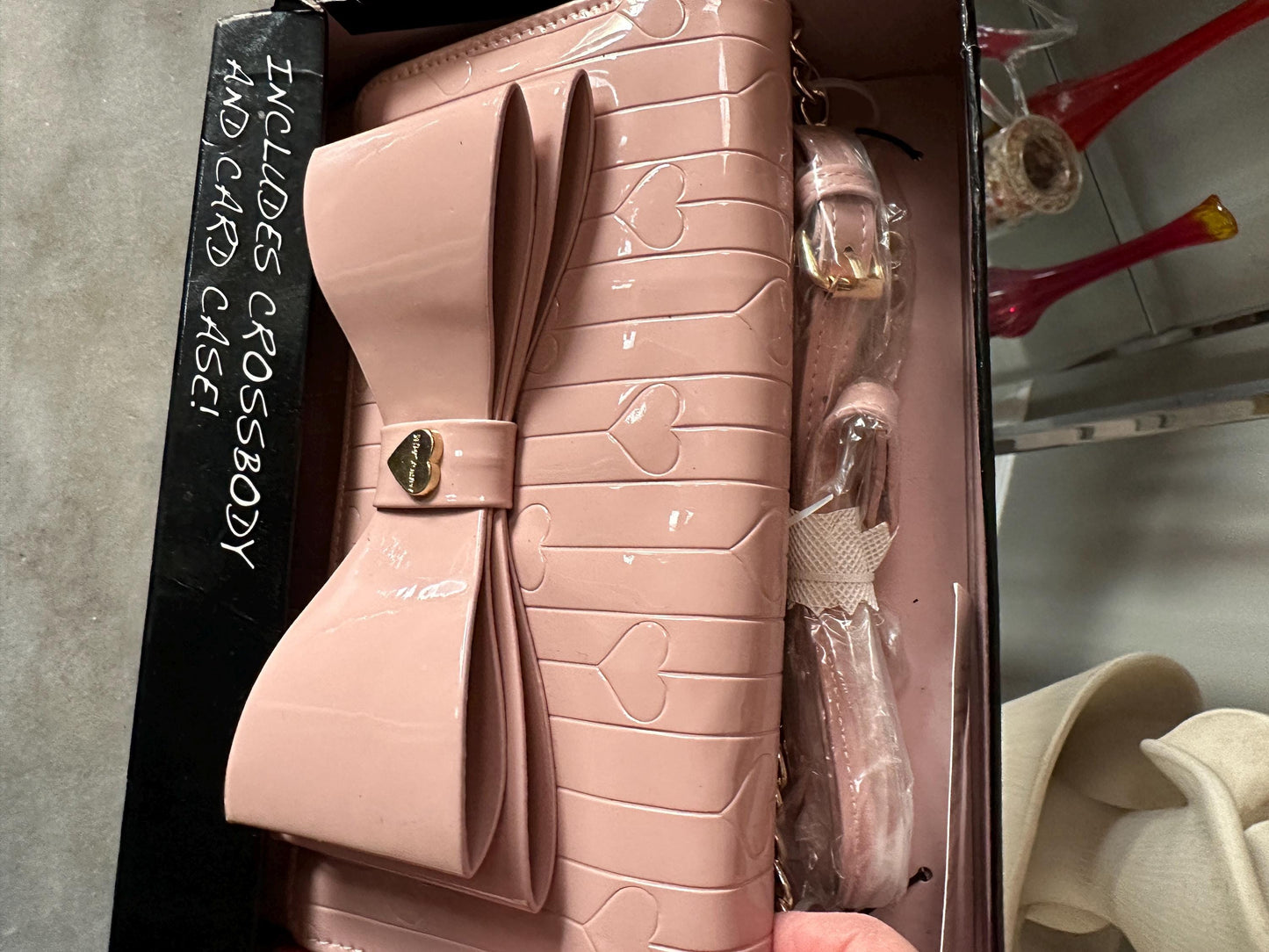 NWT Betsey Johnson Blush Patent Crossbody Bag w/Hearts & Cardholder Set MSRP-98 Dollars