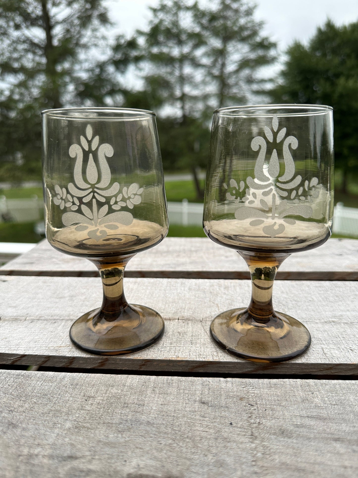 Set of 2 - Pfaltzgraff Midcentury Glass  Smoked Glass 'Village' Pattern Goblets, 10 Ounce Capacity.