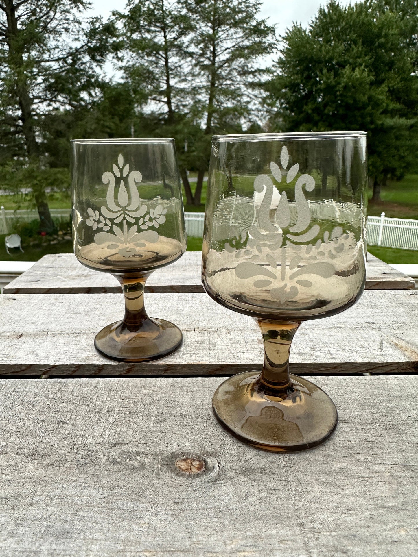 Set of 2 - Pfaltzgraff Midcentury Glass  Smoked Glass 'Village' Pattern Goblets, 10 Ounce Capacity.