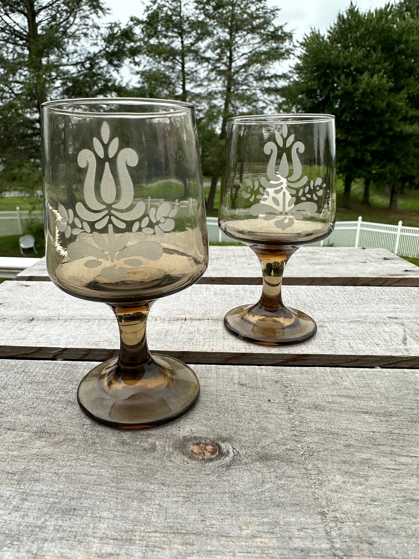Set of 2 - Pfaltzgraff Midcentury Glass  Smoked Glass 'Village' Pattern Goblets, 10 Ounce Capacity.