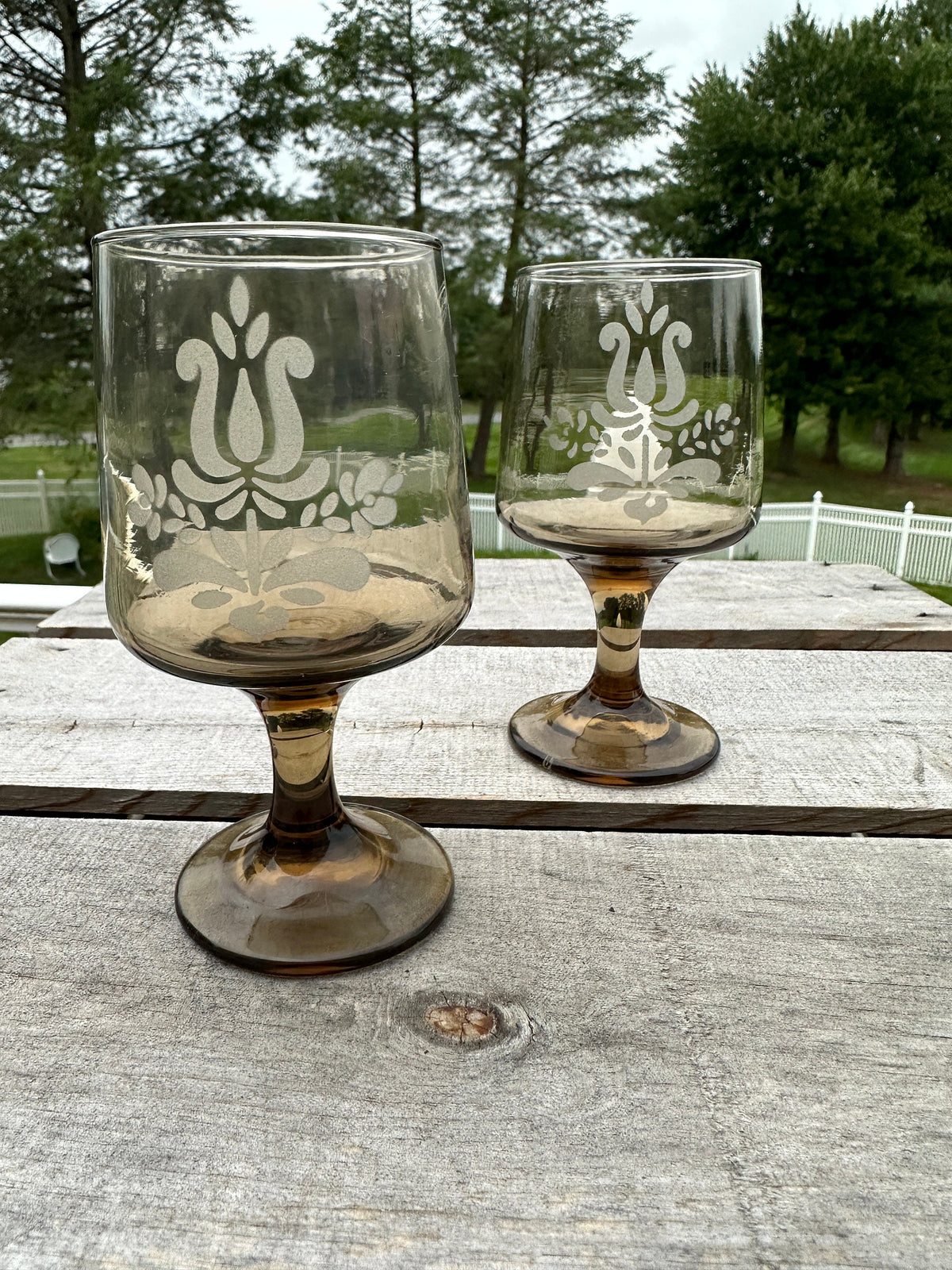 Set of 2 - Pfaltzgraff Midcentury Glass  Smoked Glass 'Village' Pattern Goblets, 10 Ounce Capacity.