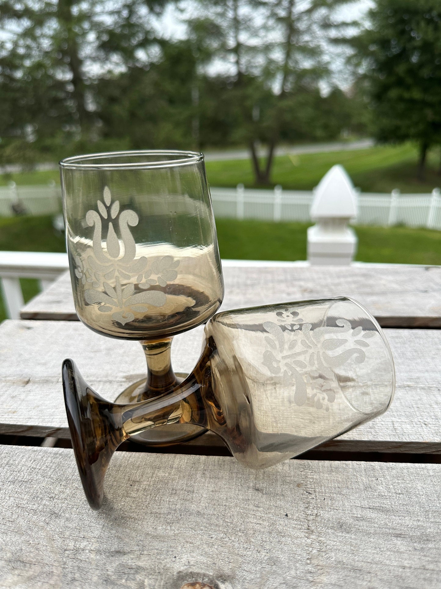 Set of 2 - Pfaltzgraff Midcentury Glass  Smoked Glass 'Village' Pattern Goblets, 10 Ounce Capacity.