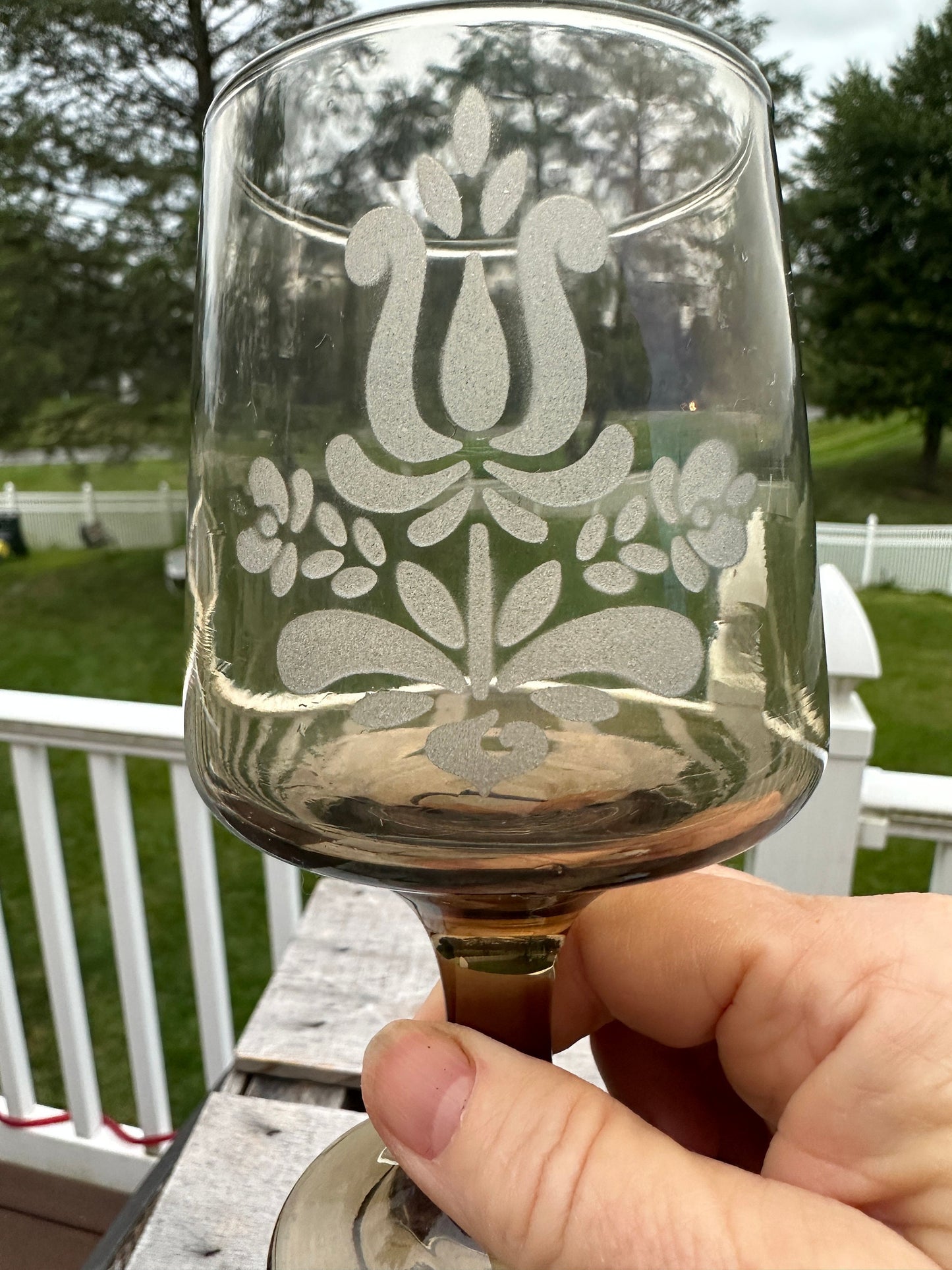 Set of 2 - Pfaltzgraff Midcentury Glass  Smoked Glass 'Village' Pattern Goblets, 10 Ounce Capacity.